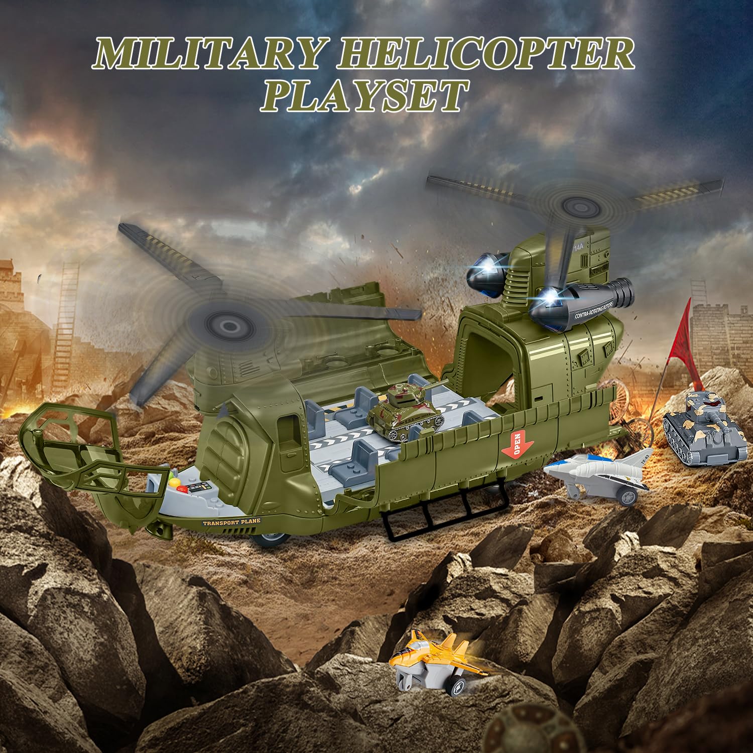 Juego de juguetes de helicóptero militar con luz, juguete de helicóptero de transporte alimentado por fricción con tanques del ejército, aviones, mini autos, juguetes militares, juego militar 7