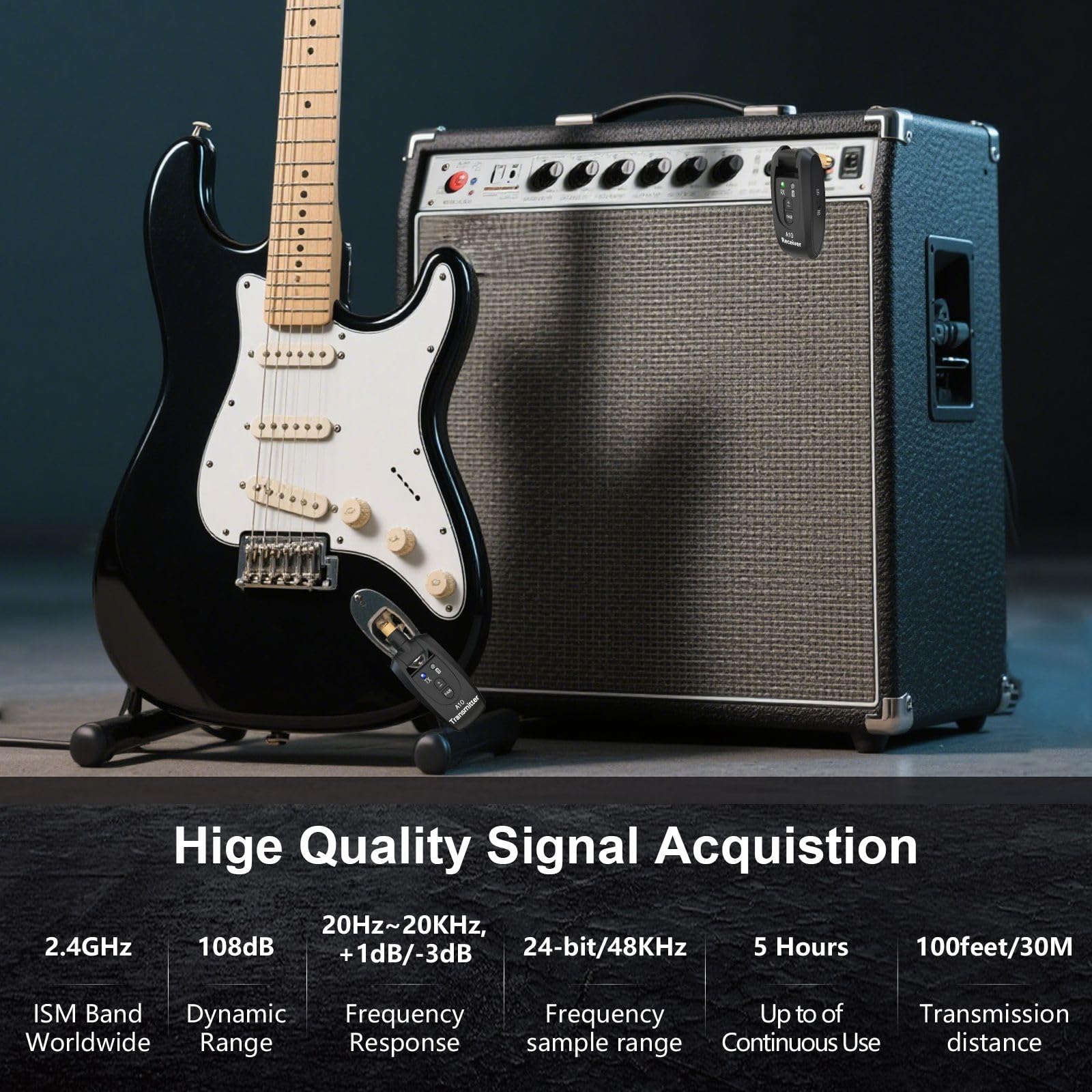 A10 Sistema Wireless per Chitarra UHF, 2 Modalità, Batteria Li Ricaricabile, 30m di Portata, Plug & Play per Chitarra, Basso, Violino, Tastiera - Nero