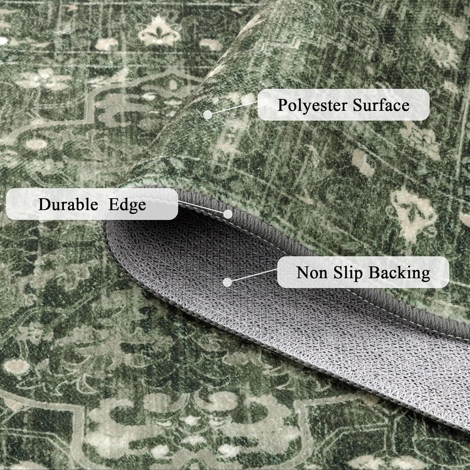 U'Artlines 2' x 6' Boho Hallway Runner Rug Vintage Farmhouse Non Slip Soft Washable Accent Runner Carpet for Kitchen, Entryway, Laundry, Living Room(Dark Green) - Image 3