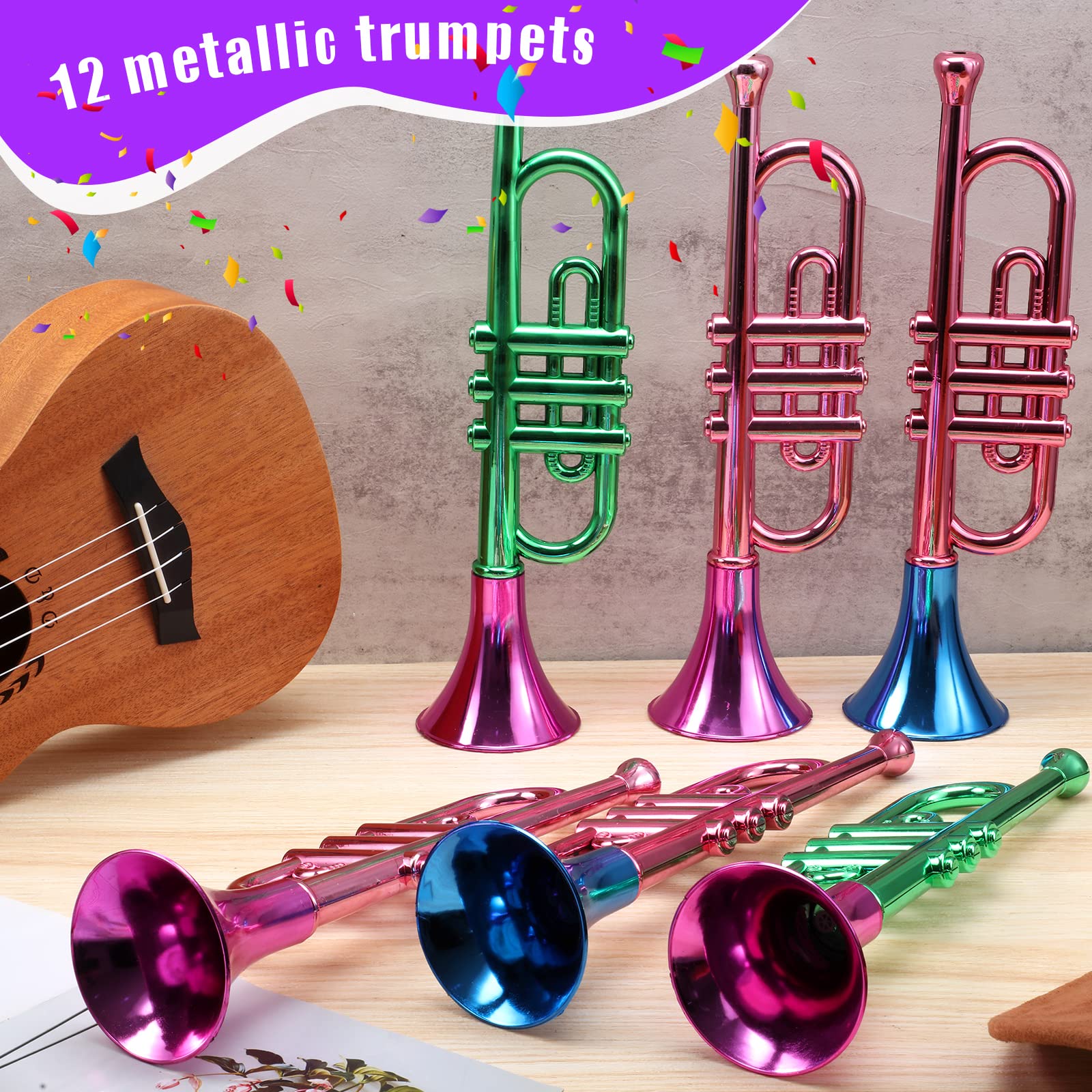 12 Pcs Metallic Trumpets 13 Inch Fun Plastic Musical Instruments, Plastic Trumpet Toy Trumpet Noise Makers for Boys and Girls, Carnival Birthday Graduation Party Favors
