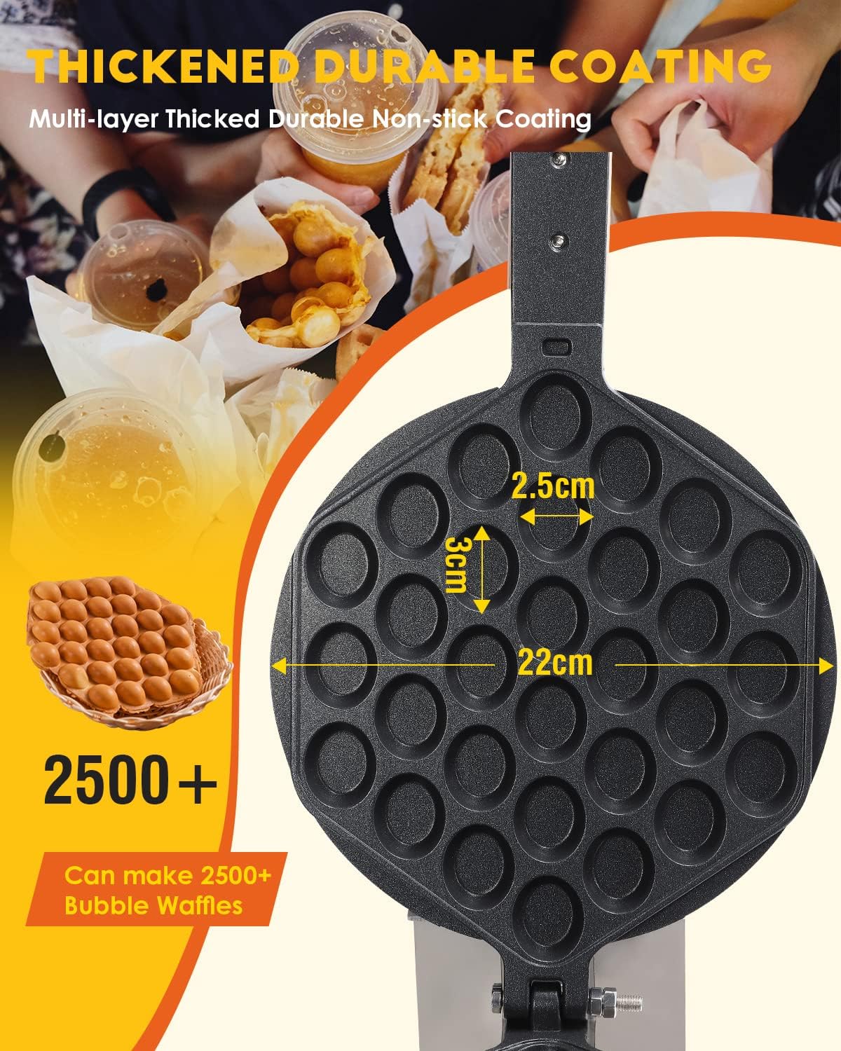 Piastra per Bubble Waffle in Stile Hong Kong CGOLDENWALL Teflon Antiaderente Piastra da Forno Intercambiabile con Rotazione di 180°丨Macchina per Waffle Elettrica 0-300℃ 1500W - Include Ricette