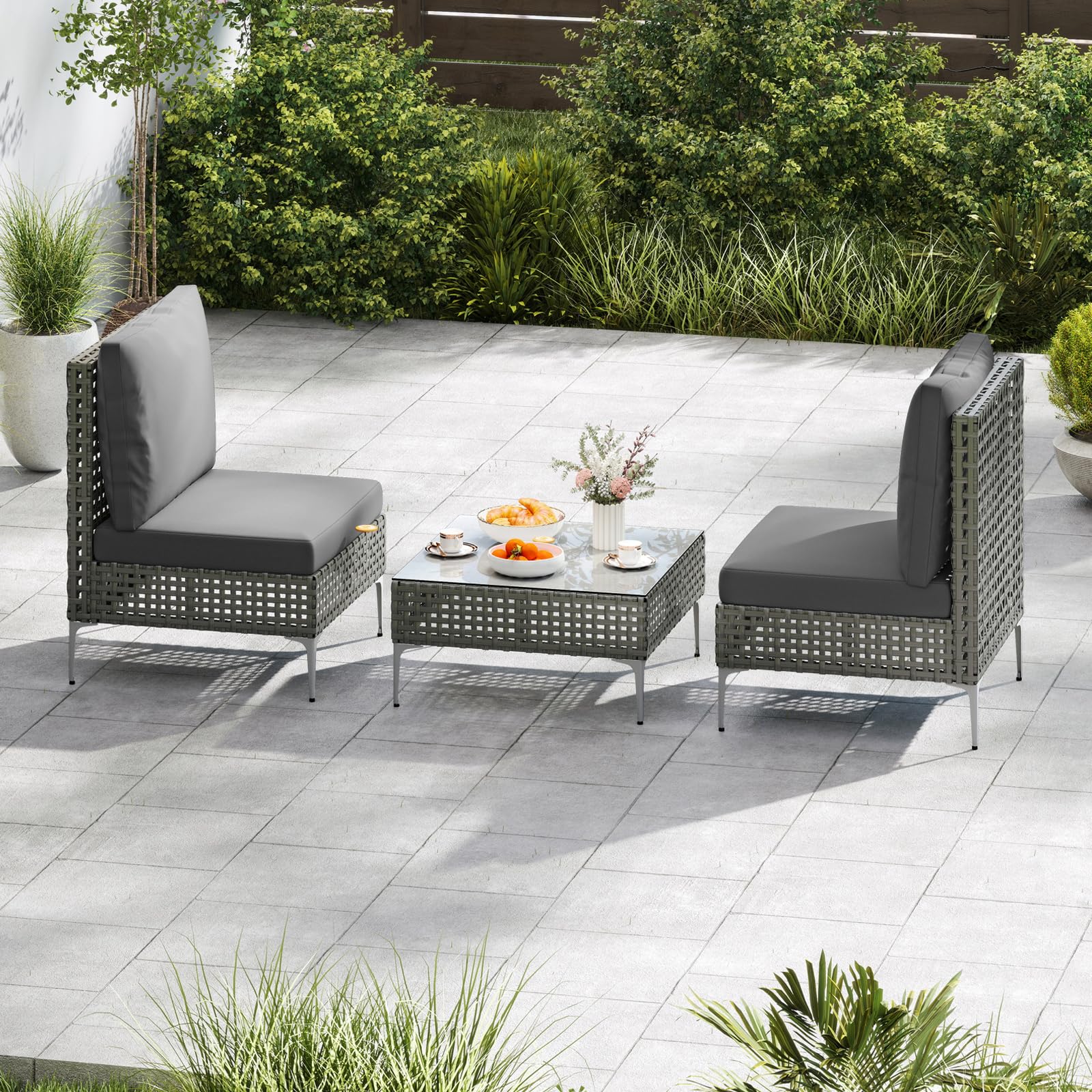 COSTWAY Tavolino e 2 Sedie da Giardino, Set da Conversazione in Rattan con Cuscini e Tavolino in Vetro Temperato, Set da Bistrò per Veranda, Balcone e Cortile (Stile 1)