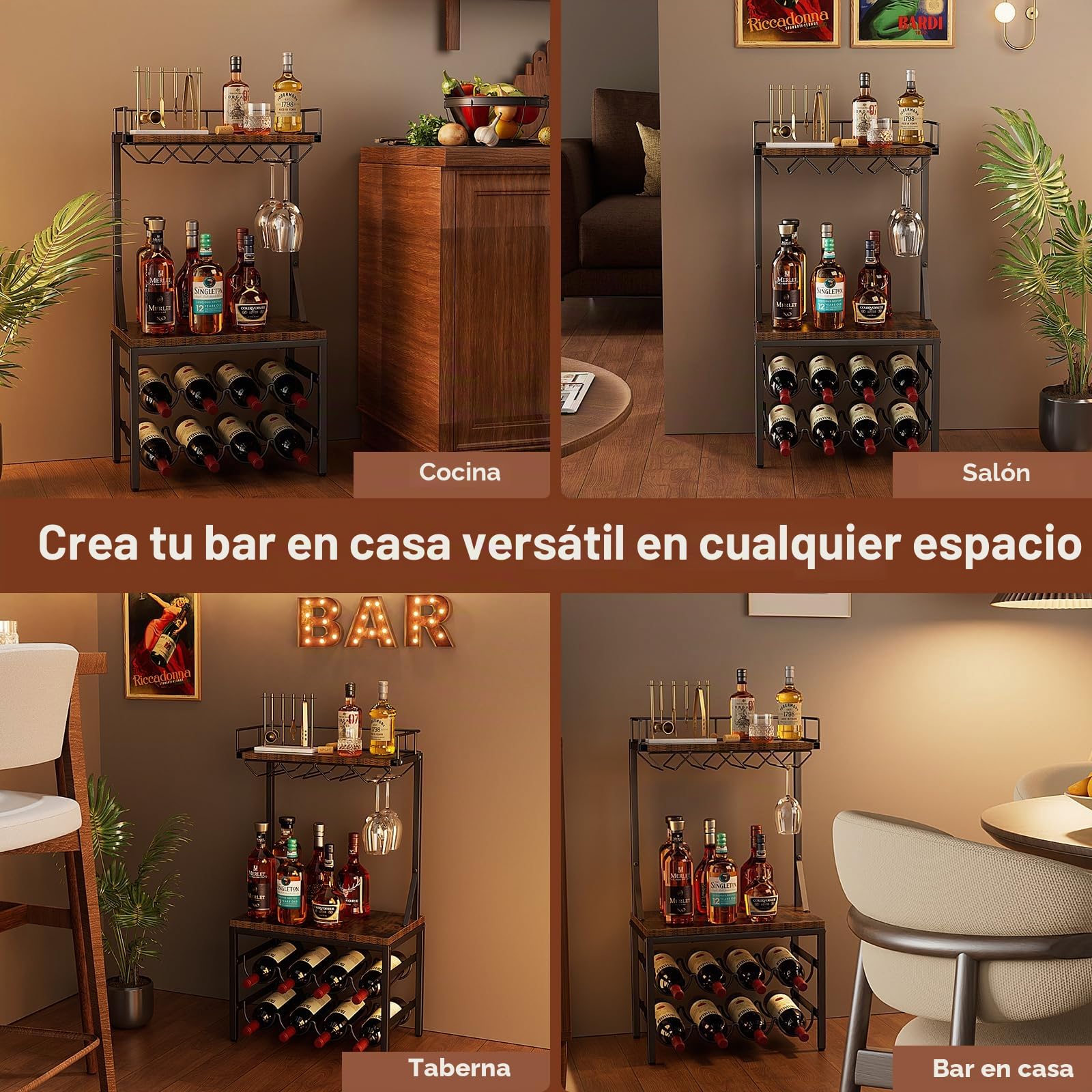 Nuovoware Armario para licores de 3 estantes, Soporte para 8 Botellas, Marrón+Negro