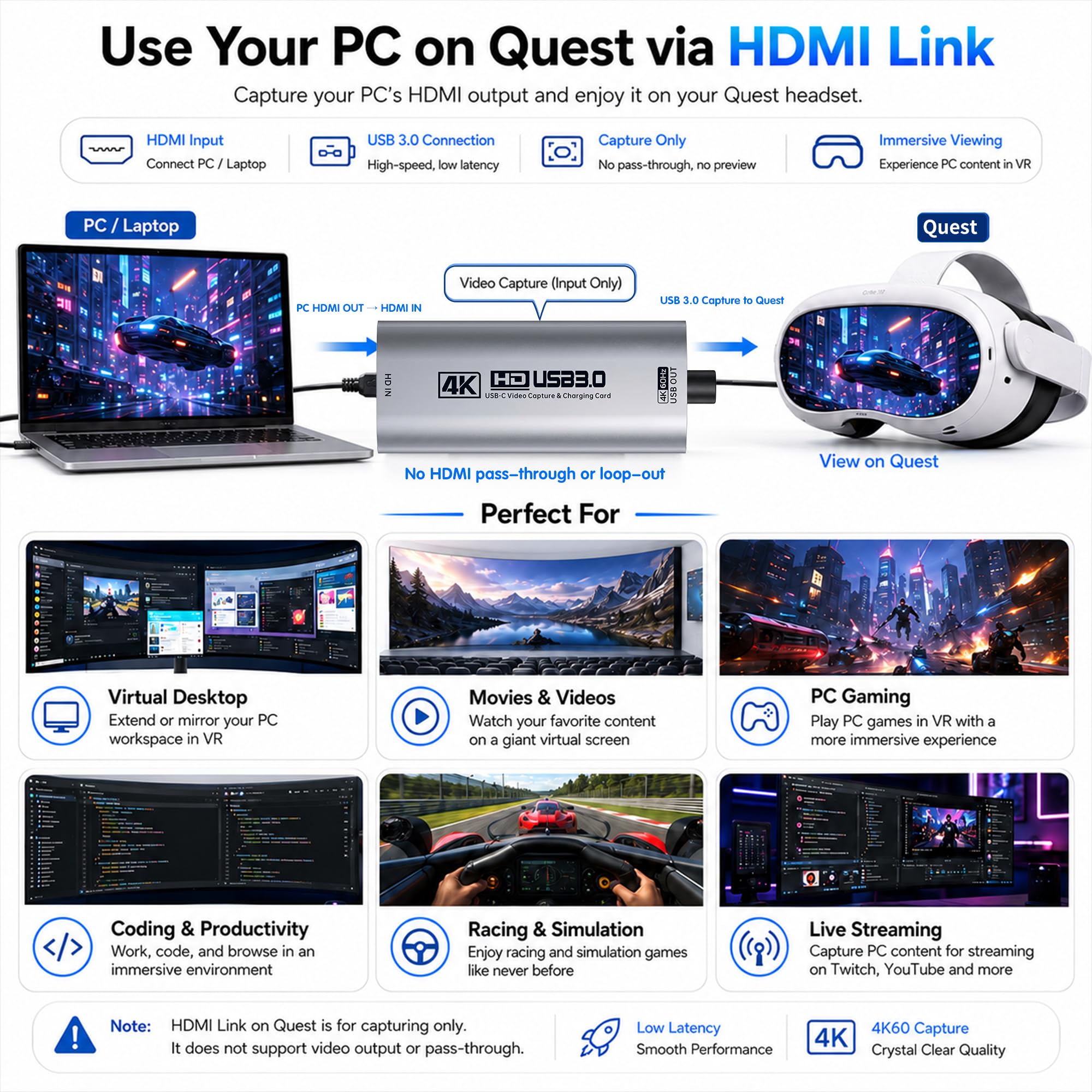 Guermok Carte d'acquisition HDMI 4K60FPS/2K120FPS, PD100W, USB3.0, Argent | Streaming, enregistrement et jeu à faible latence, Compatible avec consoles portables, Plug-and-play sans pilote, ordinateurs