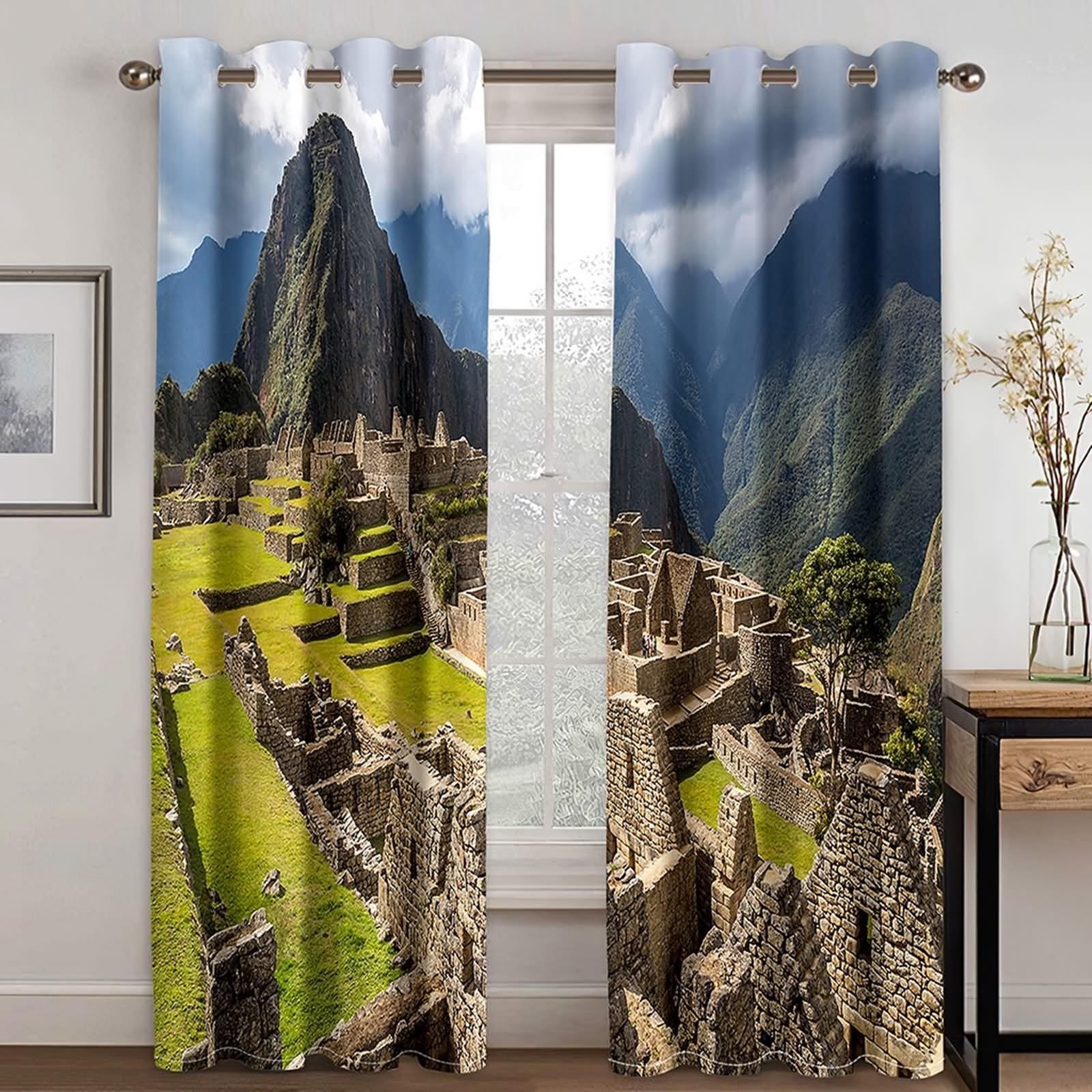 Curtains Rustique, Rideau Salle de Bain Fenetre Jaune Vert Marron Paysage de Montagne Polyester 2 Panneaux 428x183cm