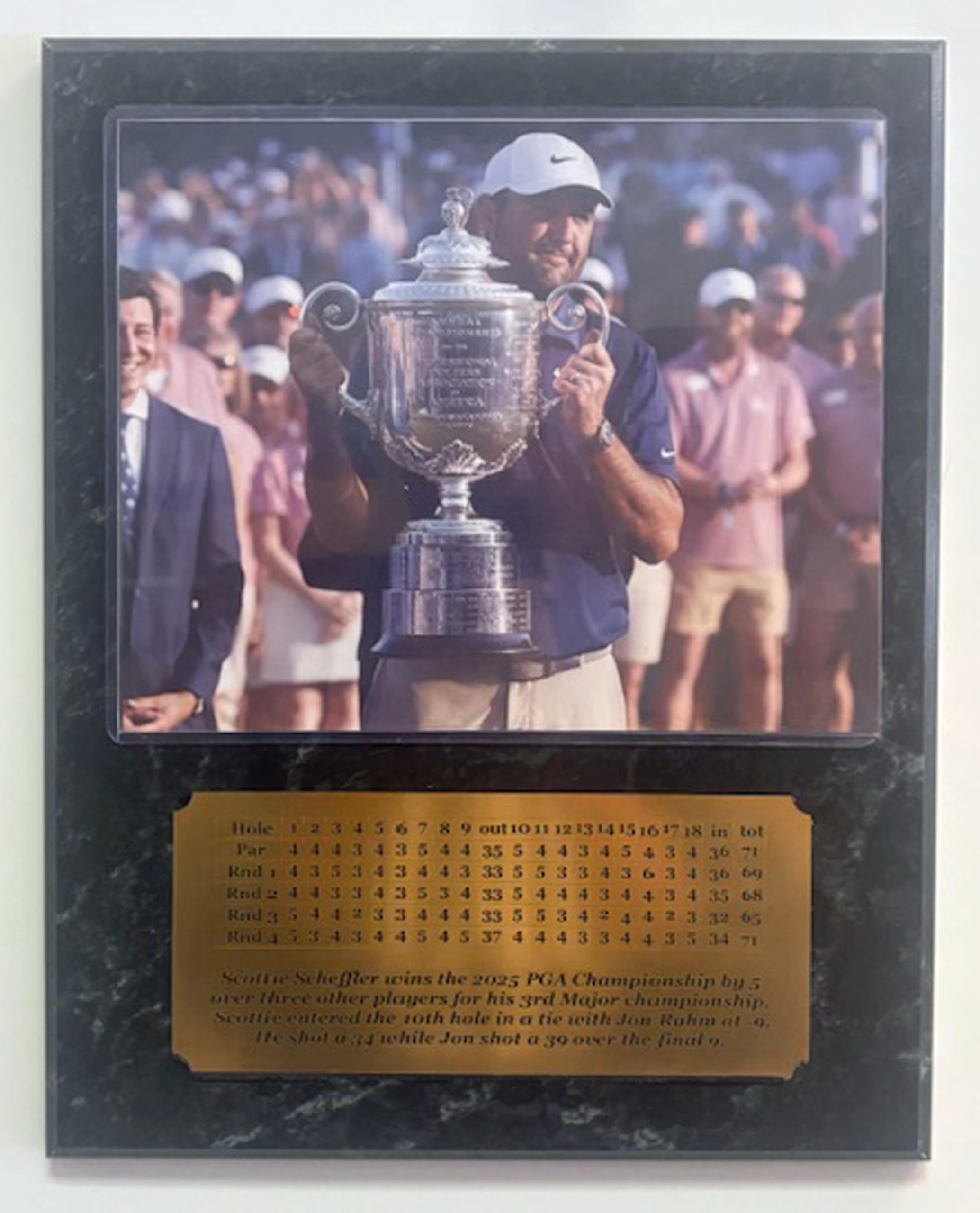 Scottie Scheffler 2025 PGA Champion 8x10 Photo Plaque with engraved 4 day scorecard nameplate - Scottie with trophy (Black Marble)