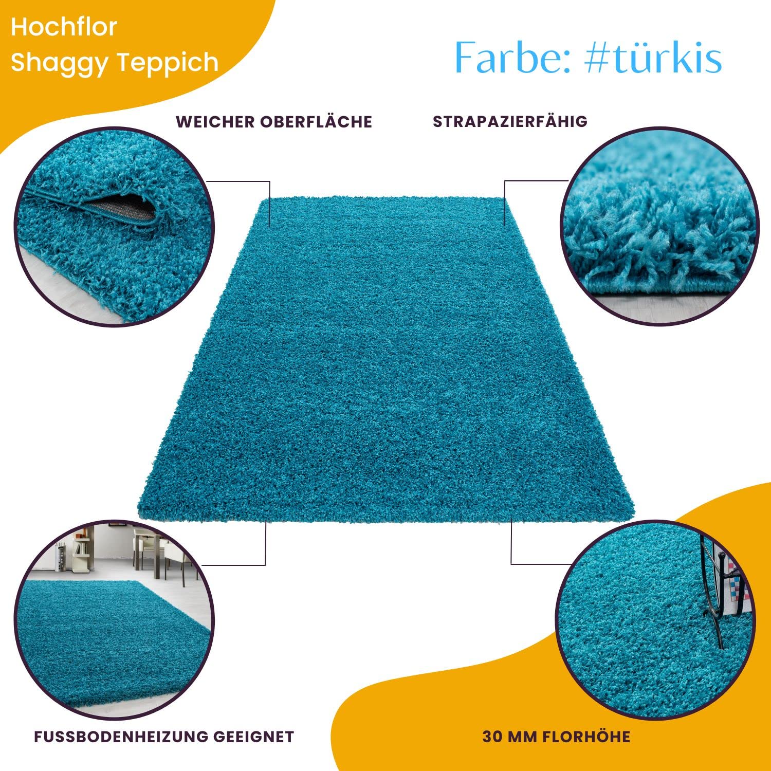 Teppium Moderno Tappeto Salotto Grande 300x400 cm Turchese - Shaggy Tappeto per scendiletto Camera da Letto, Cucina y Soggiorno - Tappeto Morbido y Fluffy, Monocromatico, facile manutenzione