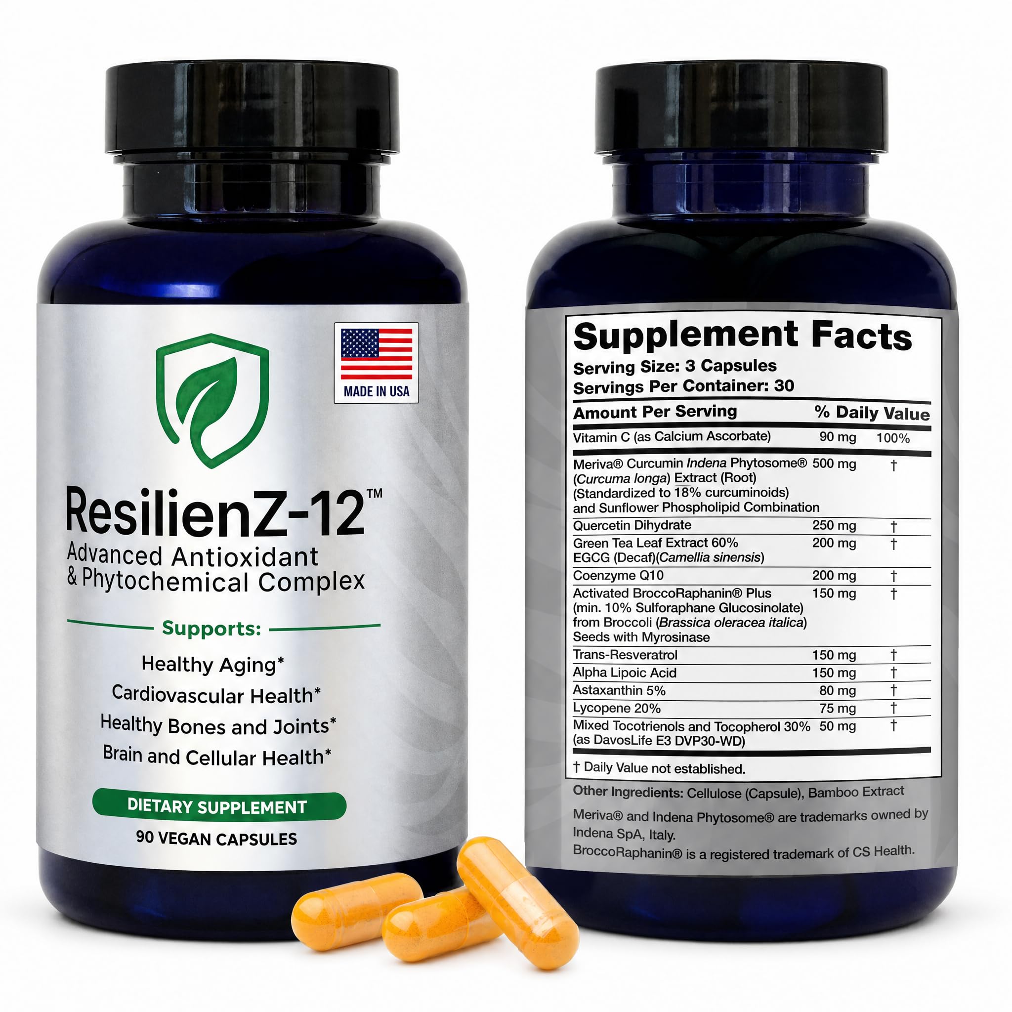 ResilienZ-12 Antioxidant Supplement, 12-in-1 Healthy Aging, CoQ10, Astaxanthin, Quercetin, Meriva Curcumin Turmeric, Sulforaphane, Green Tea Extract, Resveratrol, 90 Vegan Capsules, 30 Day Supply