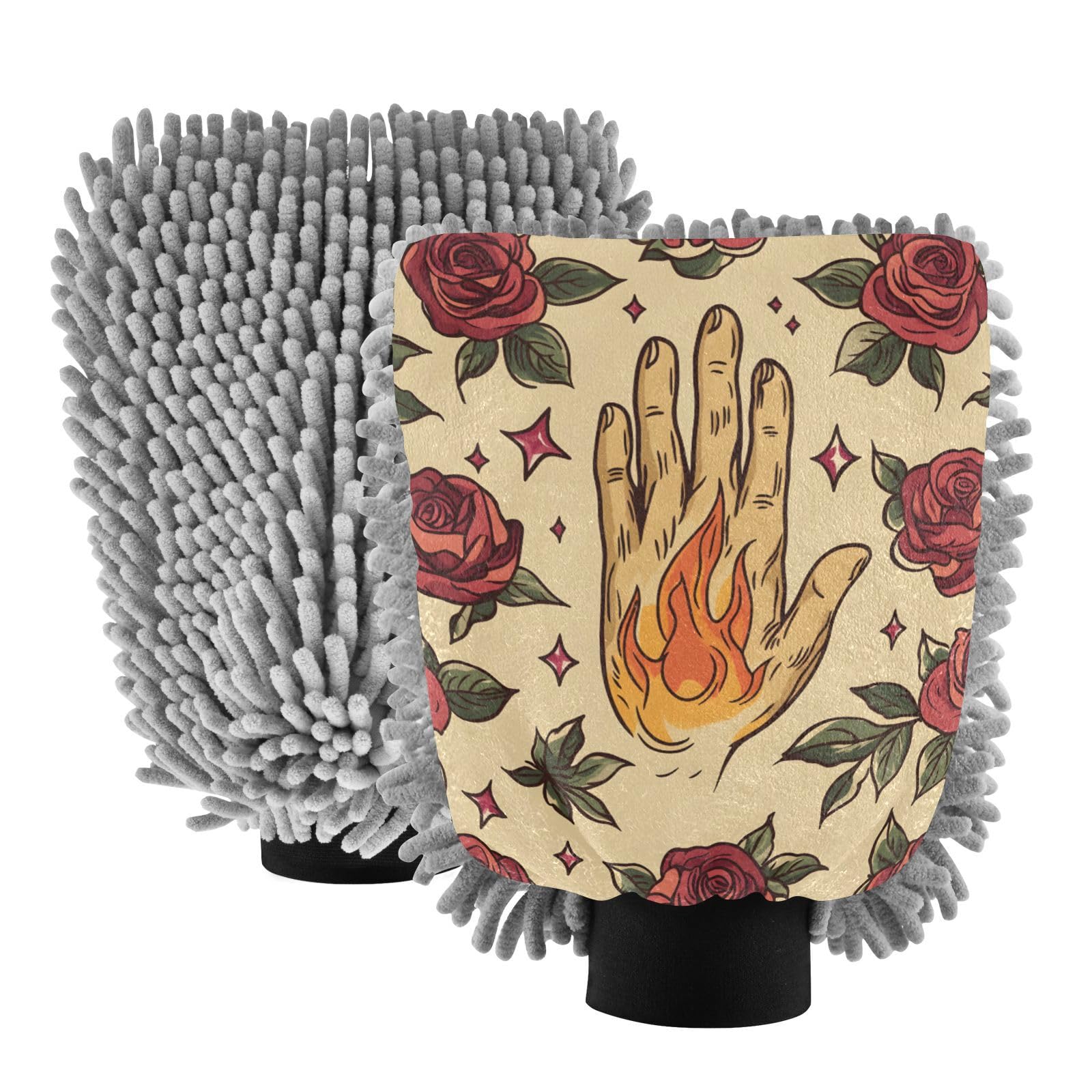 STAYTOP Hand with Fire Tattoo Car Wash Mitt Microfiber, 2Pcs Scratch Free Lint-Free, Premium Chenille Microfiber Mitt Car Wash Brush-M