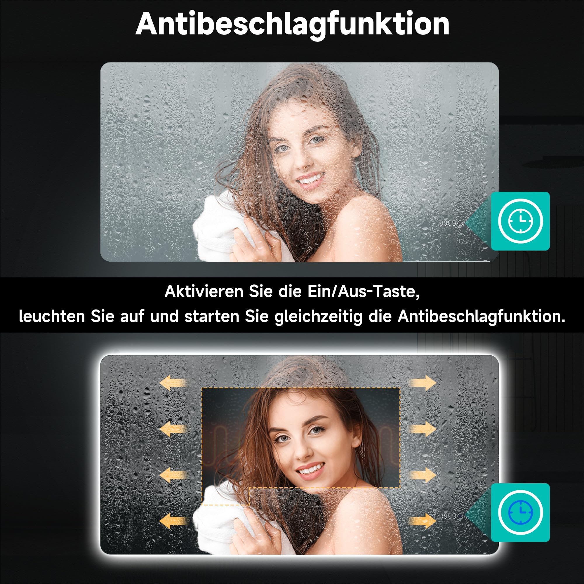 SONNI Badspiegel mit Beleuchtung 120×60 cm, Uhr und Temperatur