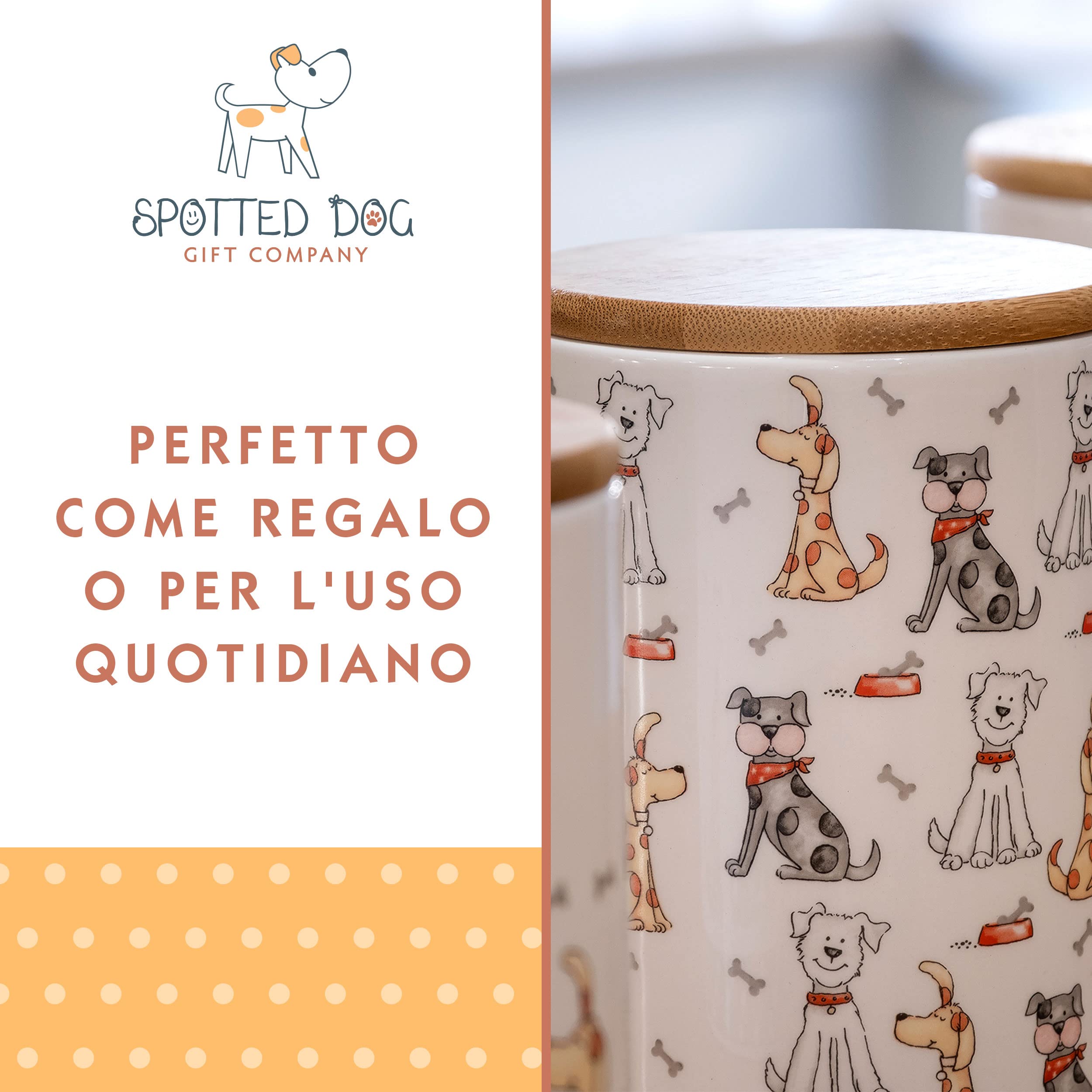 SPOTTED DOG GIFT COMPANY - set di 3 barattoli da cucina a tema cani - per sale, zucchero, caffè - idee regalo - in ceramica con coperchio in legno - bianco
