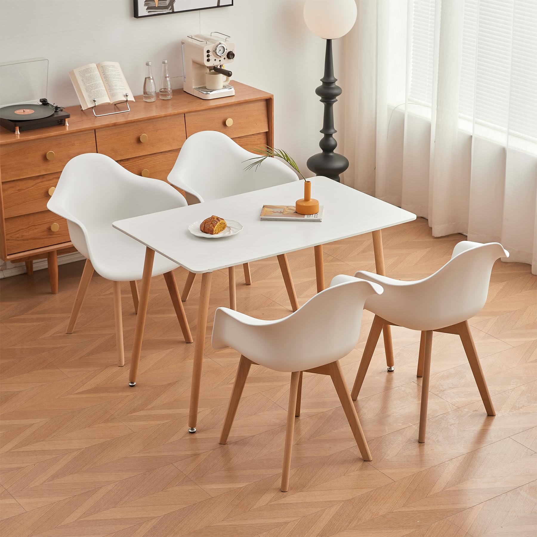 Set di 2 Sedie da Pranzo con Braccioli, Sedute in PP, Bianco | Design Nordico, Polipropilene e Faggio, Resistenti, Facili da Pulire, Fino a 125kg. per Cucina, Sala, Ufficio, Caffè.