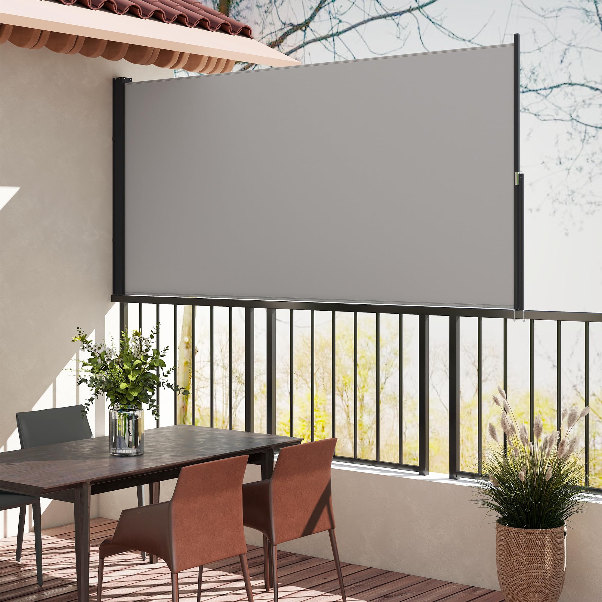 Outsunny Toldo Lateral Retráctil Pantalla Anti-UV 300x140 cm Gris Claro | Pantalla Enrollable, Mampara de Privacidad, Impermeable, Exterior, Jardín, Balcón, Terraza