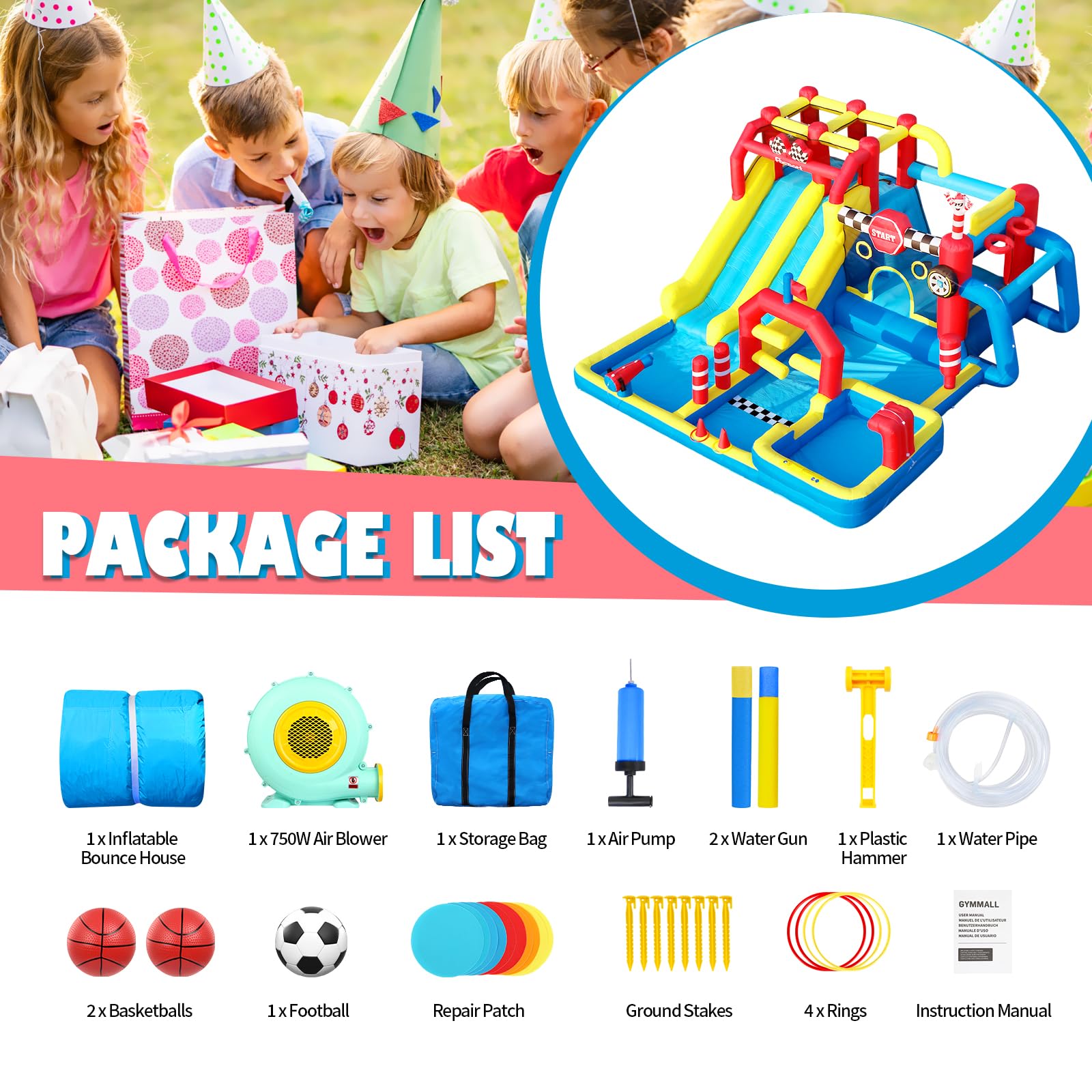 FBSPORT Castillo Hinchable 750W, 12-en-1 con Tobogán Acuático, Piscina, Área de Salto y Pared de Escalada, Este Castillo Hinchable para Interior y Exterior