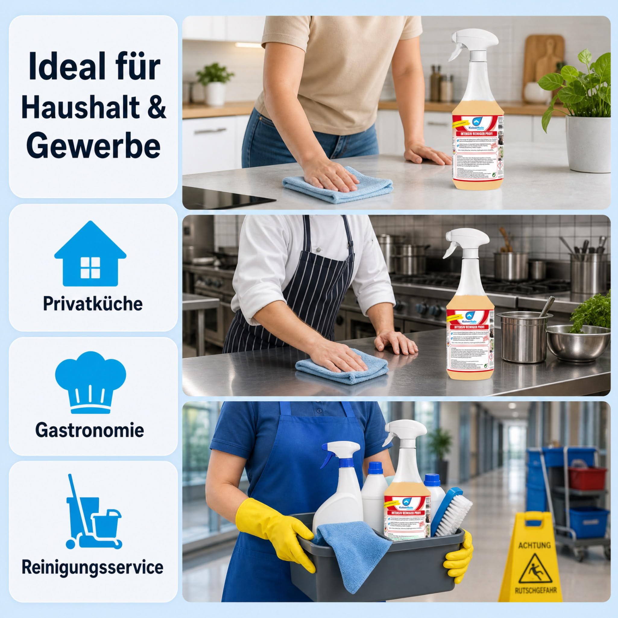 KaiserRein Intensivreiniger Küchenreiniger 3x 1L – Profi Fettlöser Spray – Kraftvolle Reinigung für Küche, Grill, Arbeitsflächen & Edelstahl – Entfernt Fett und hartnäckige Verschmutzungen