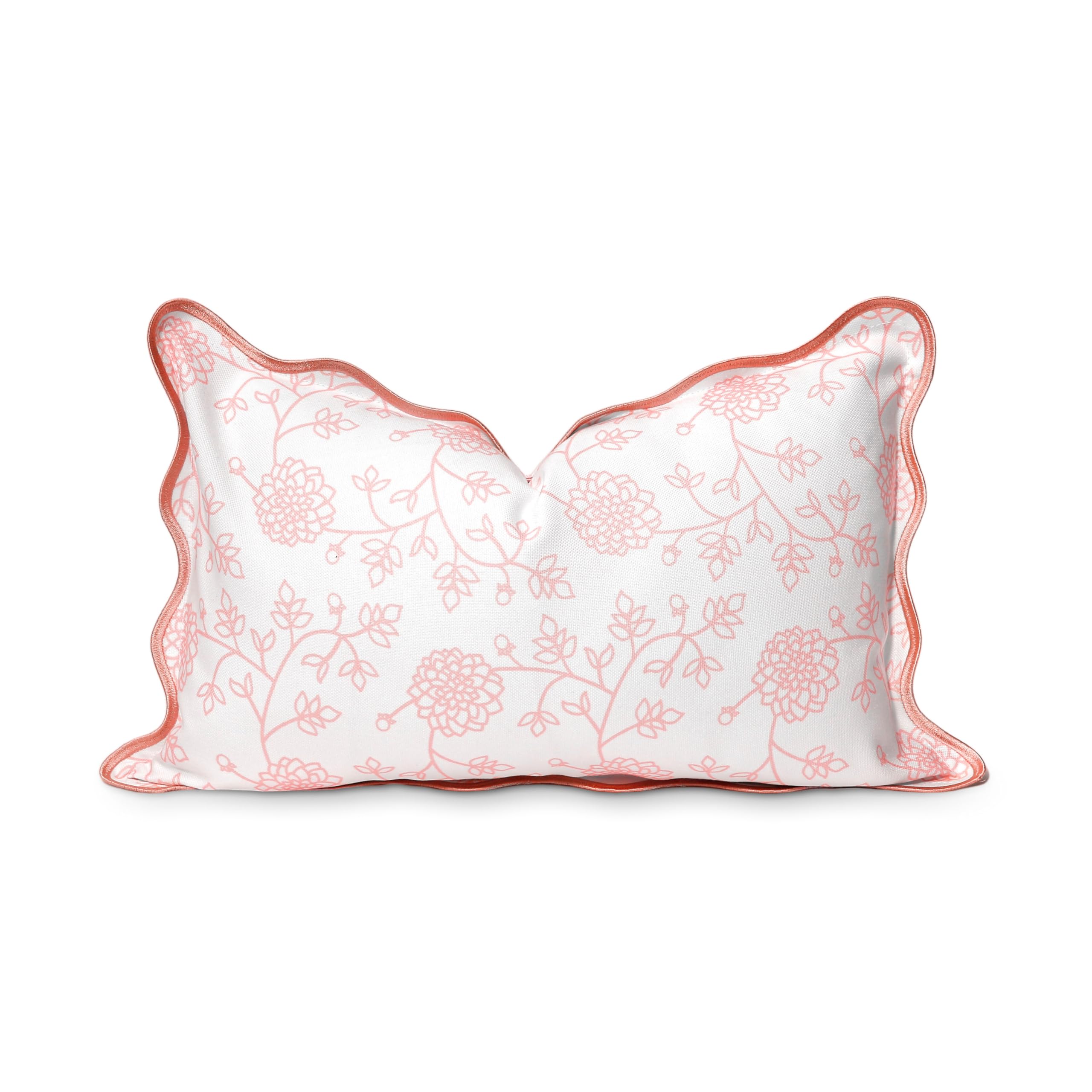 Hofdeco Premium Coastal Patio Indoor Outdoor Scalloped Lumbar Pillow Cover Only, 12"x20" Water Repellent for Backyard, Couch, Blush Pink Print Dahlia