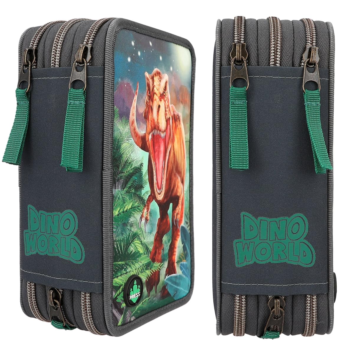 Trousse école 3 Compartiments Dino World - Avec Crayons, Feutres, Ciseaux, Règle - Effet 3D T-Rex - 20x13x7.5 Cm
