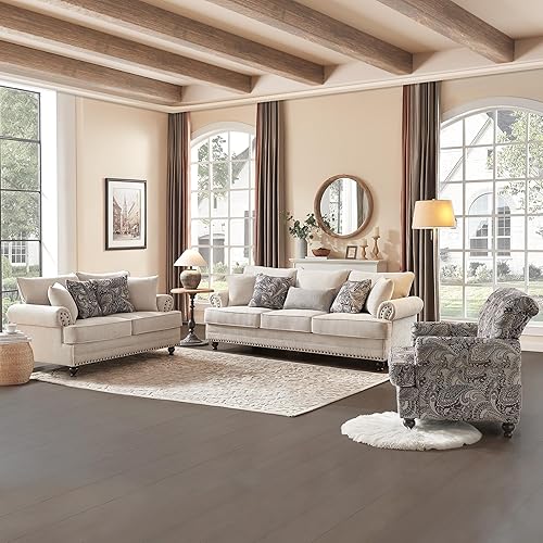 Juego de sala de estar de 3 piezas, moderno sofá de felpilla de granja y sofá biplaza con ribete de cabeza de clavo, silla decorativa floral, 9