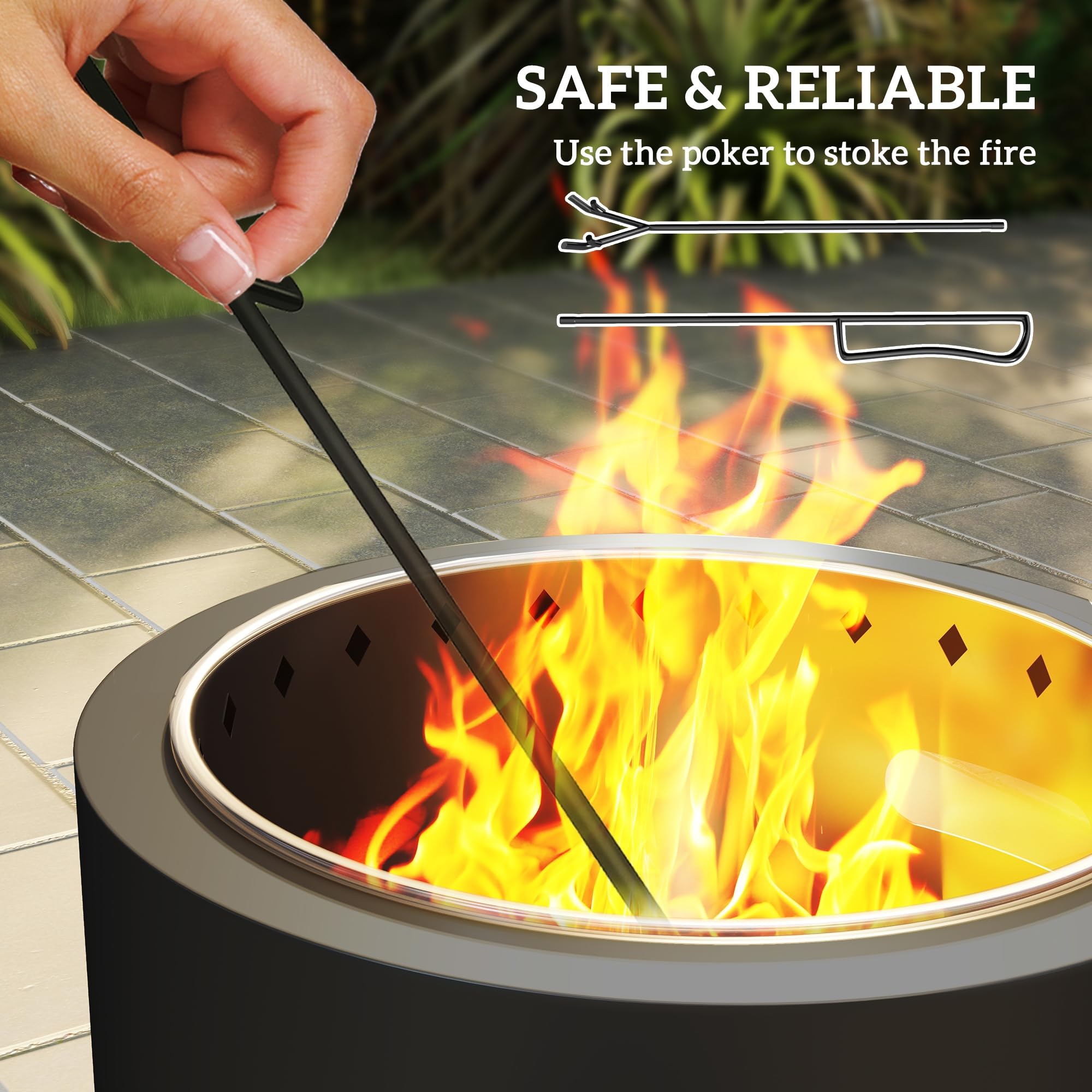 Outsunny Rauchloser Feuerkorb 45cm tragbar, Holzverbrennung, Dunkelgrau | Schürhaken, Edelstahl-Innenauskleidung, für Garten Camping Lagerfeuer Party, Stahl