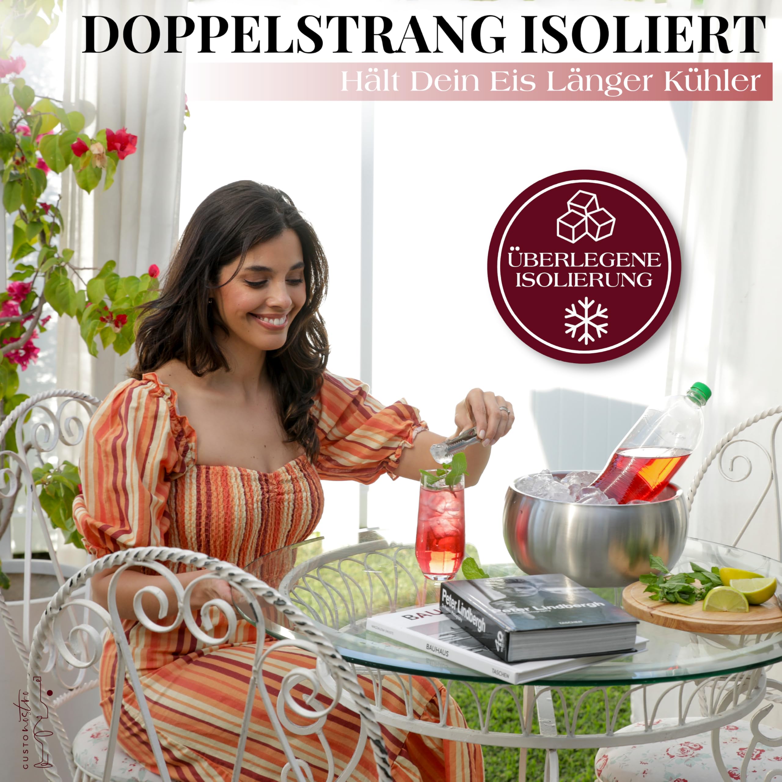 Gusto Nostro 4,1 l Eiswürfelbehälter mit Deckel und Zange, Doppelwandiger Großer Edelstahl Eisbehälter, BPA-freier Eiskübel für Cocktail-Bar, für Champagner, Wein, Bier, Kühlen für Partys