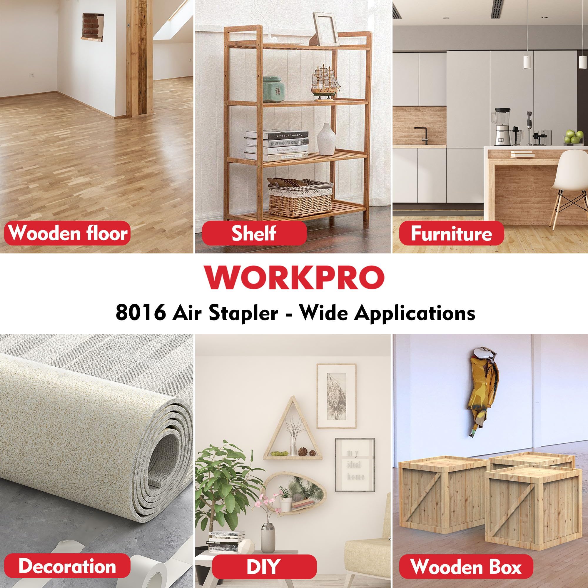 WORKPRO Chiodatrice Pneumatica 8016, Sparachiodi Aria Compressa con 1500 Graffette (6/10/16mm), Scarico Posteriore, Adatto per la Realizzazione di Mobili e Decorazioni (Solo adatto per Graffette)