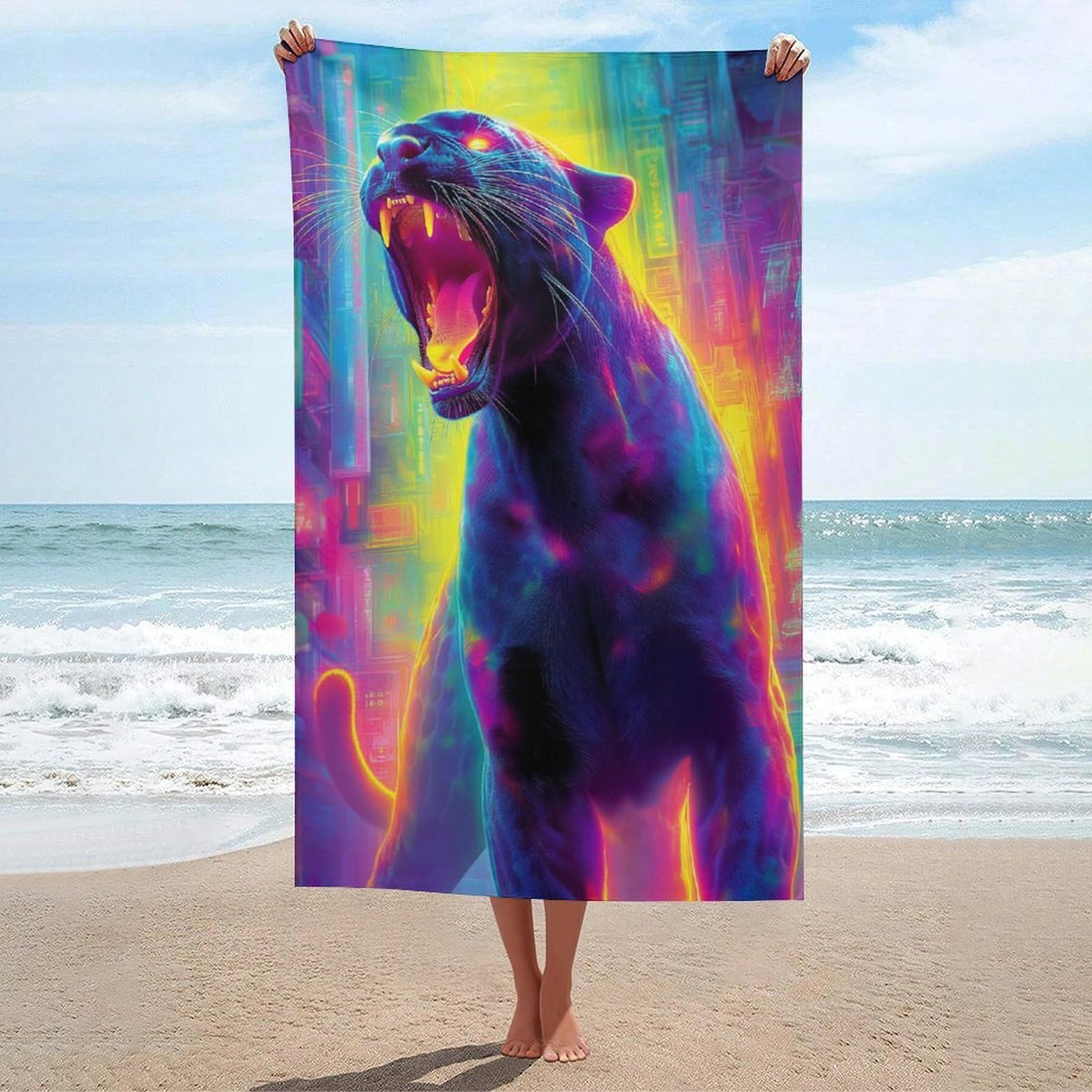 LSRCPD Neon Panther Roaring Beach Towel Sand Free Microfiber Large Shower Towels Multipurpose Absorbent for Bathroom Pool 130x80 CM