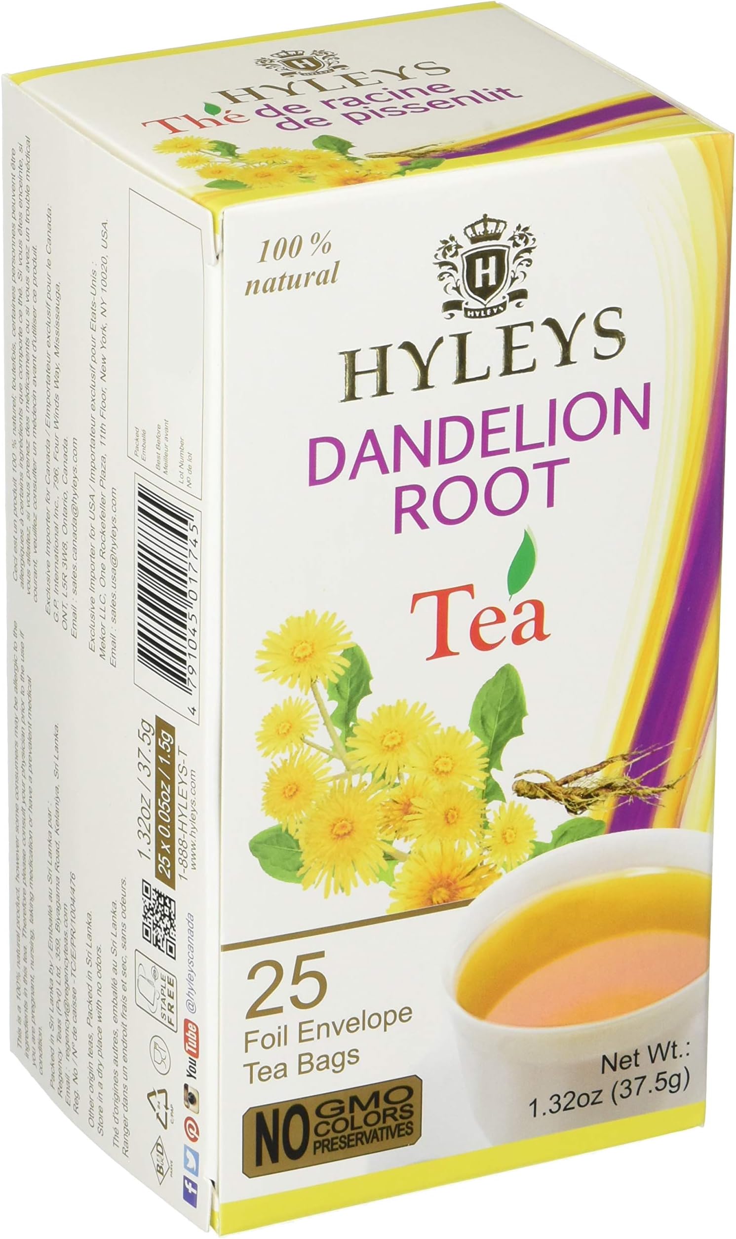 HYLEYS 12 Pack of Natural Dandelion Root and Green Tea - 25 Tea Bags (GMO Free, Gluten Free, Dairy Free, Sugar Free and 100% Natural)