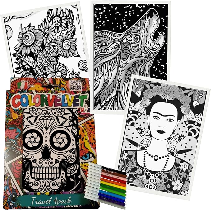 4 Pack Velvet Coloring Posters- Assorted- Arts & Craft Kit Includes a Wolf, Sugar Skull, Sunflowers, Frida Kahlo and 12 Felt Tip Markers- Ideal for Travel- Boys and Girls 3+