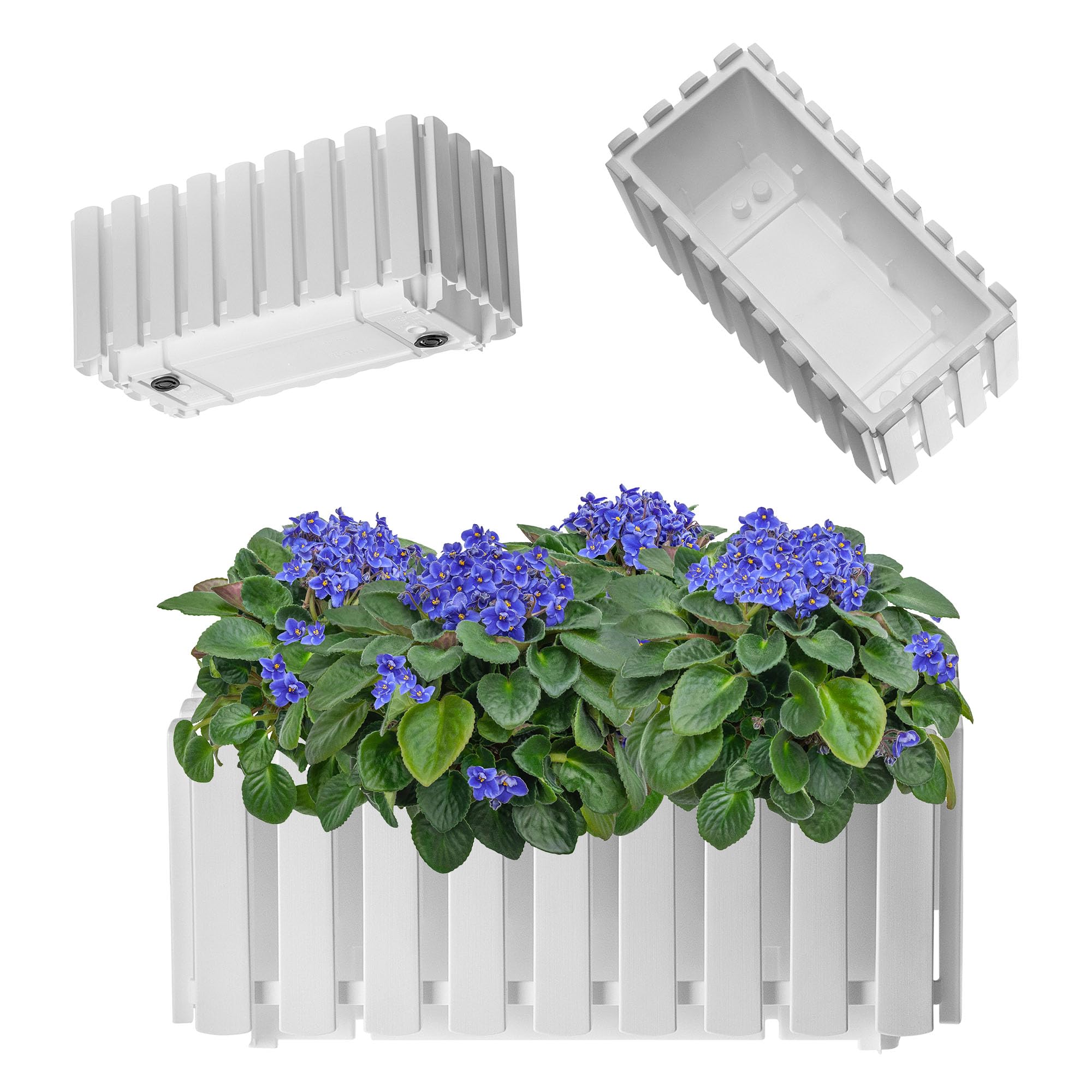 KADAX Blumenkasten, Balkontopf in 2 Größen, Blumentopf in Latten-Optik, Pflanzkübel im Landhausstil, Pflanzkasten mit Gummikorken, Leichter Übertopf (40cm / weiß)