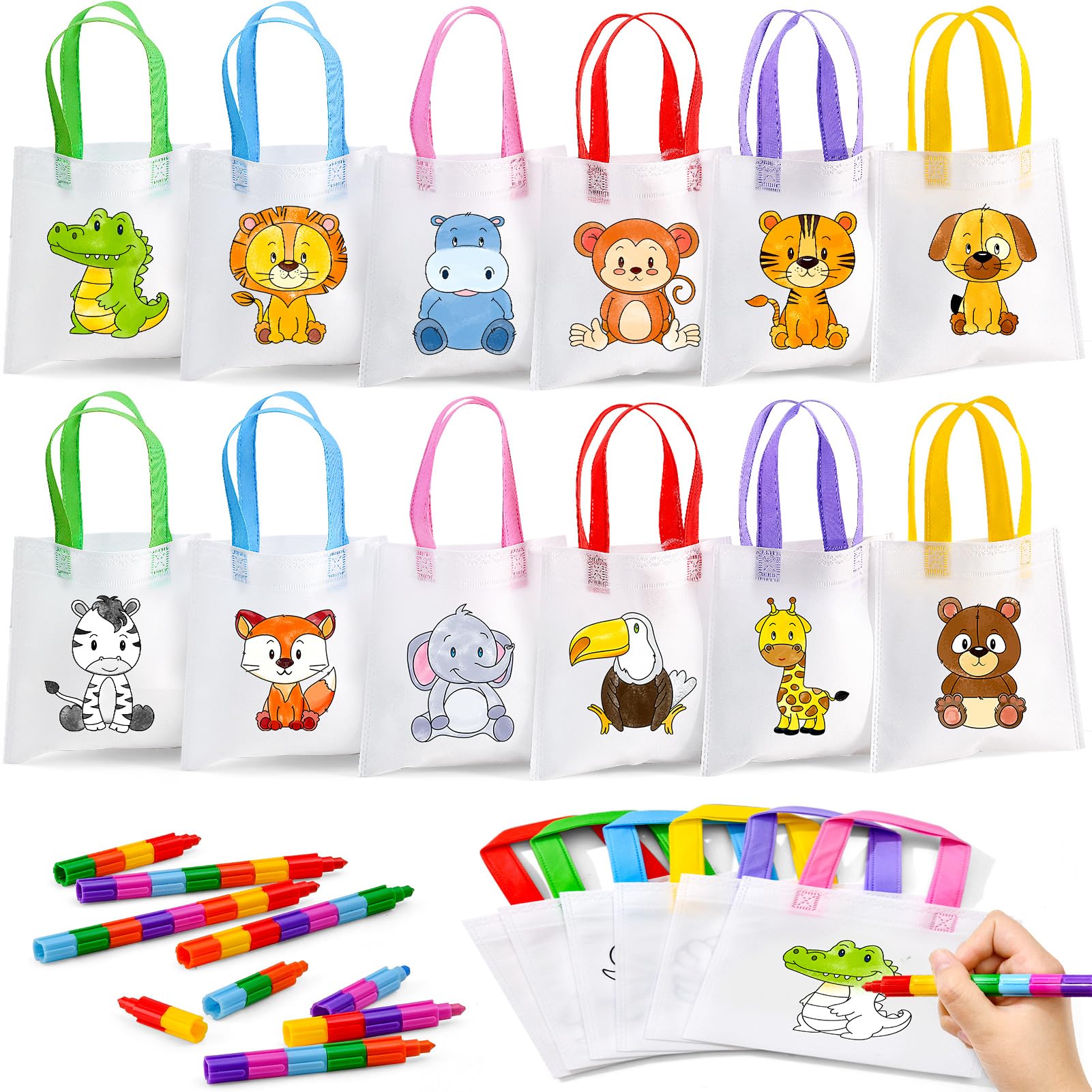 12Stk. Tier Taschen zum Bemalen Vliesbeutel Stoffbeutel zum Bemalen für Kinder mit Stapelbar Wachsmalstifte Geschenktüten Mitgebsel Gastgeschenk Kindergeburtstag Taschen Malset Bastelset Kinder