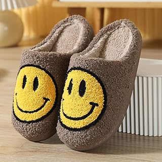 Smiley Face Slippers Fuzzy Face Slippers for Women Men, Fluffy Slippers Warm Cozy House Happy Face Slippers Slip-on Indoor Outdoor Slippers,Brown-37/38
