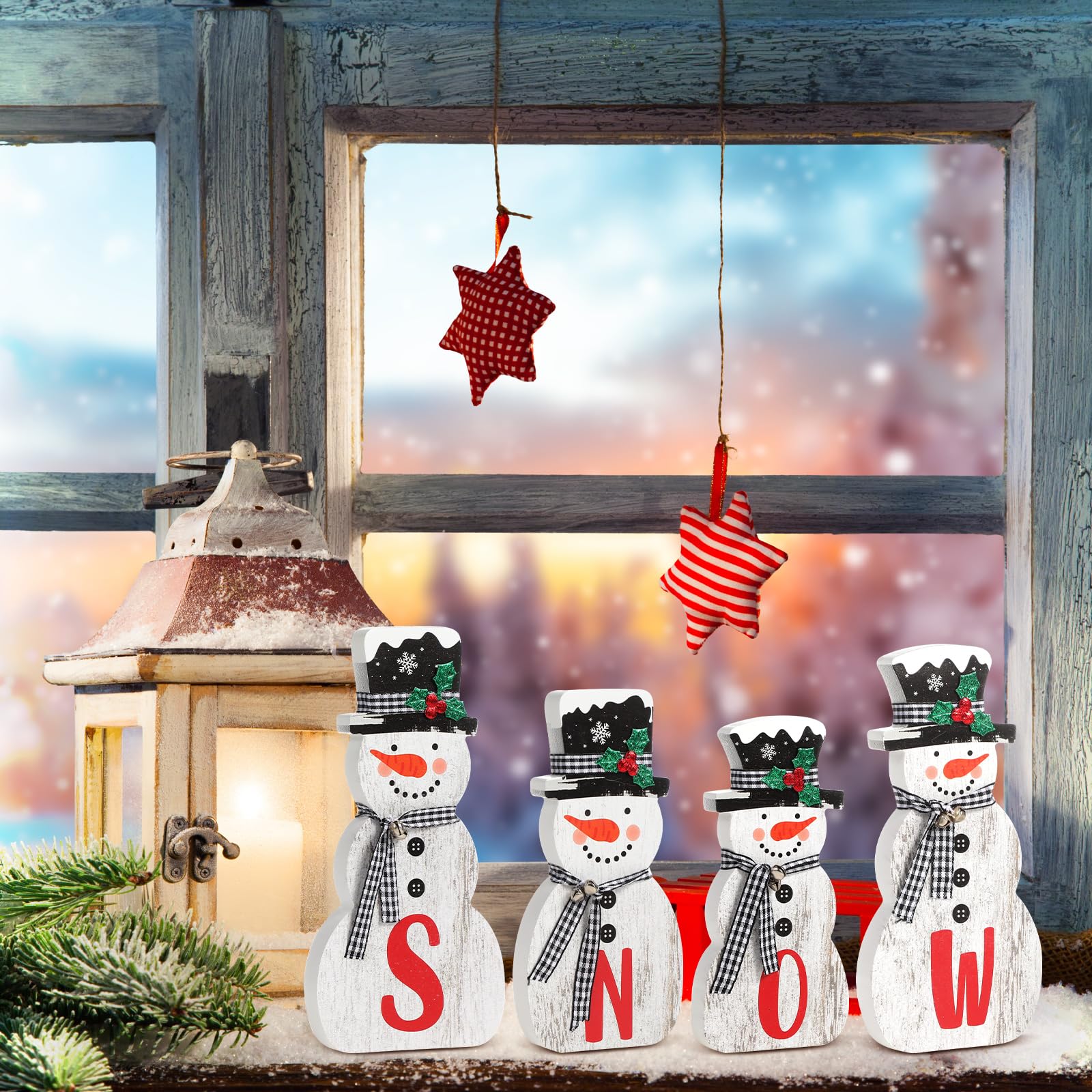 Wenqik 4 piezas de decoración de mesa de muñeco de nieve de madera de Navidad, muñeco de nieve escalonado, decoración de madera, muñeco de nieve, decoración rústica, decoraciones de Navidad para