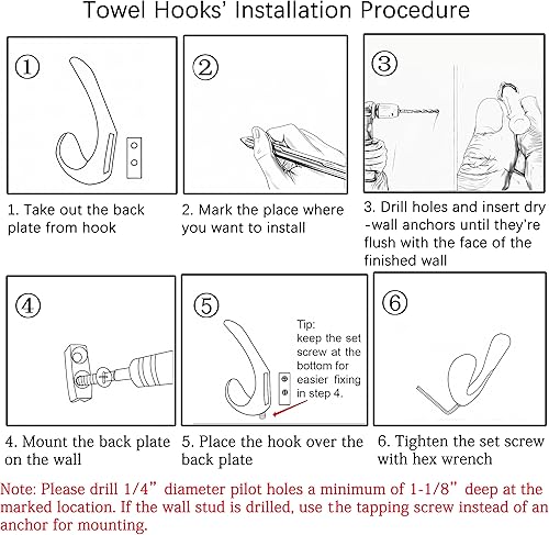 Miniatura 8 de Ganchos para toallas para baños y cocina, montaje en pared, paquete de 4 ganchos de baño negro mate para toallas, ganchos para bata y toallas para