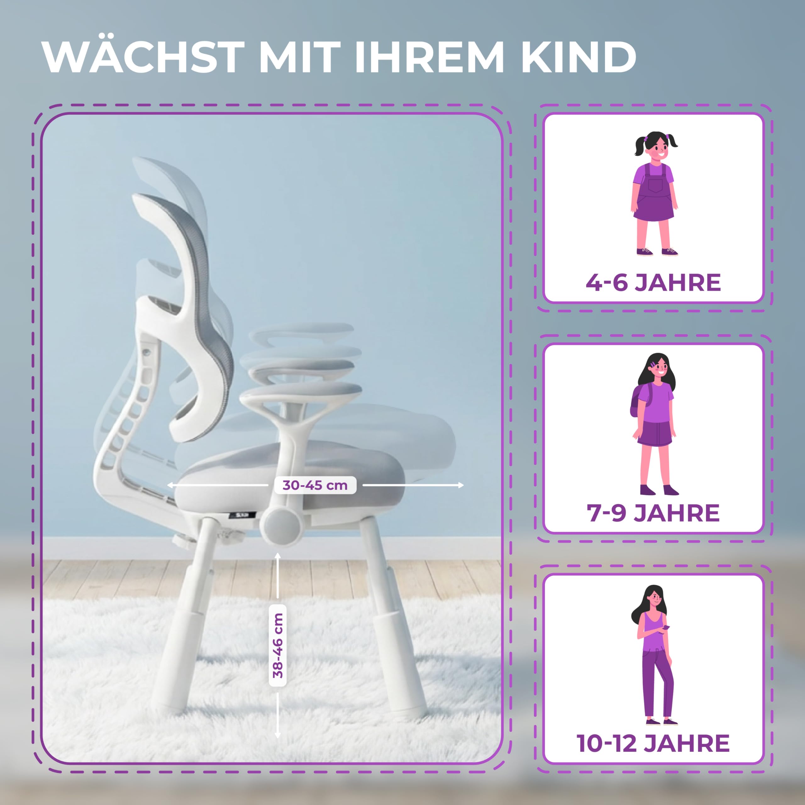 Spacetronik Schreibtischstuhl Kinder ohne Rollen, Sitzhöhe 38-46cm höhenverstellbar, Kinderstuhl mit klappbarer Armlehne, Kinderschreibtischstuhl für Jungen & Mädchen
