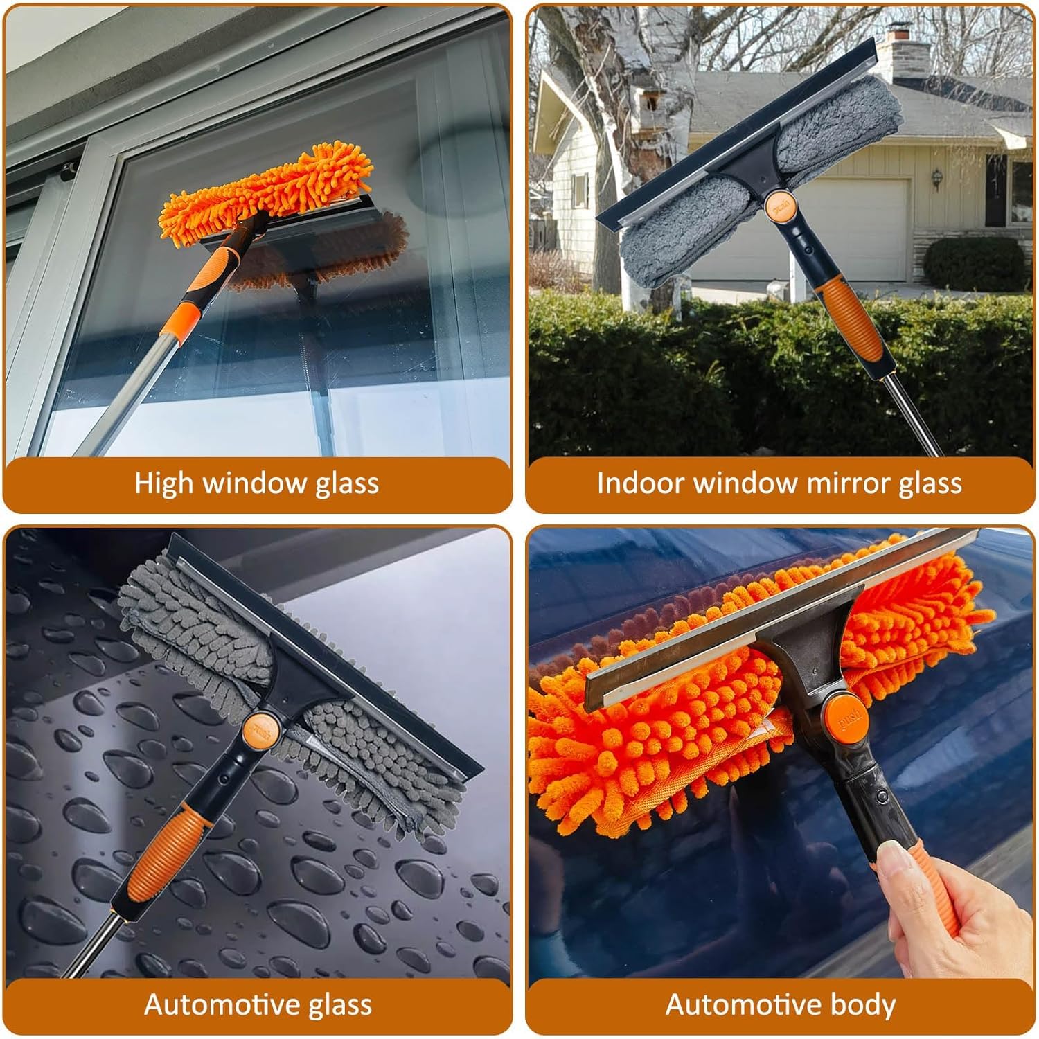 2 en 1Professionnel Raclette Vitre Kit Nettoyage Vitre avec Chiffons Microfibres et Manche Telescopique Lave-vitres Télescopique avec Tête Flexible pour Panneaux Solaires Toits et Vérandas