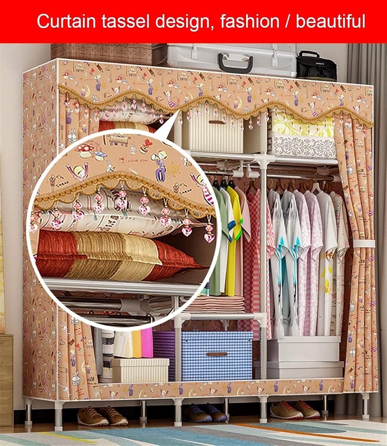 Portable Wardrobe Cloth Wardrobe Wardrobe Bedroom Portable Simple Fabric Cloth Steel Tube Bold Reinforced Assembly Double Large Ox Cloth,E Portable Cloth Hanger
