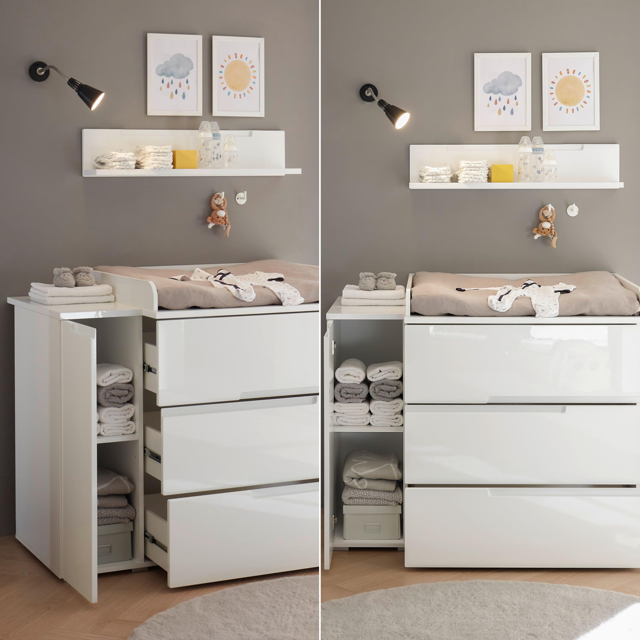 SPICE Wickelkommode inklusive Wickelaufsatz Weiß Hochglanz Wickeltisch | 120 x 102 x 80 cm (B/H/T), 1 Tür mit Boden, 3 Schubkästen, Griffmulden, Babyzimmer