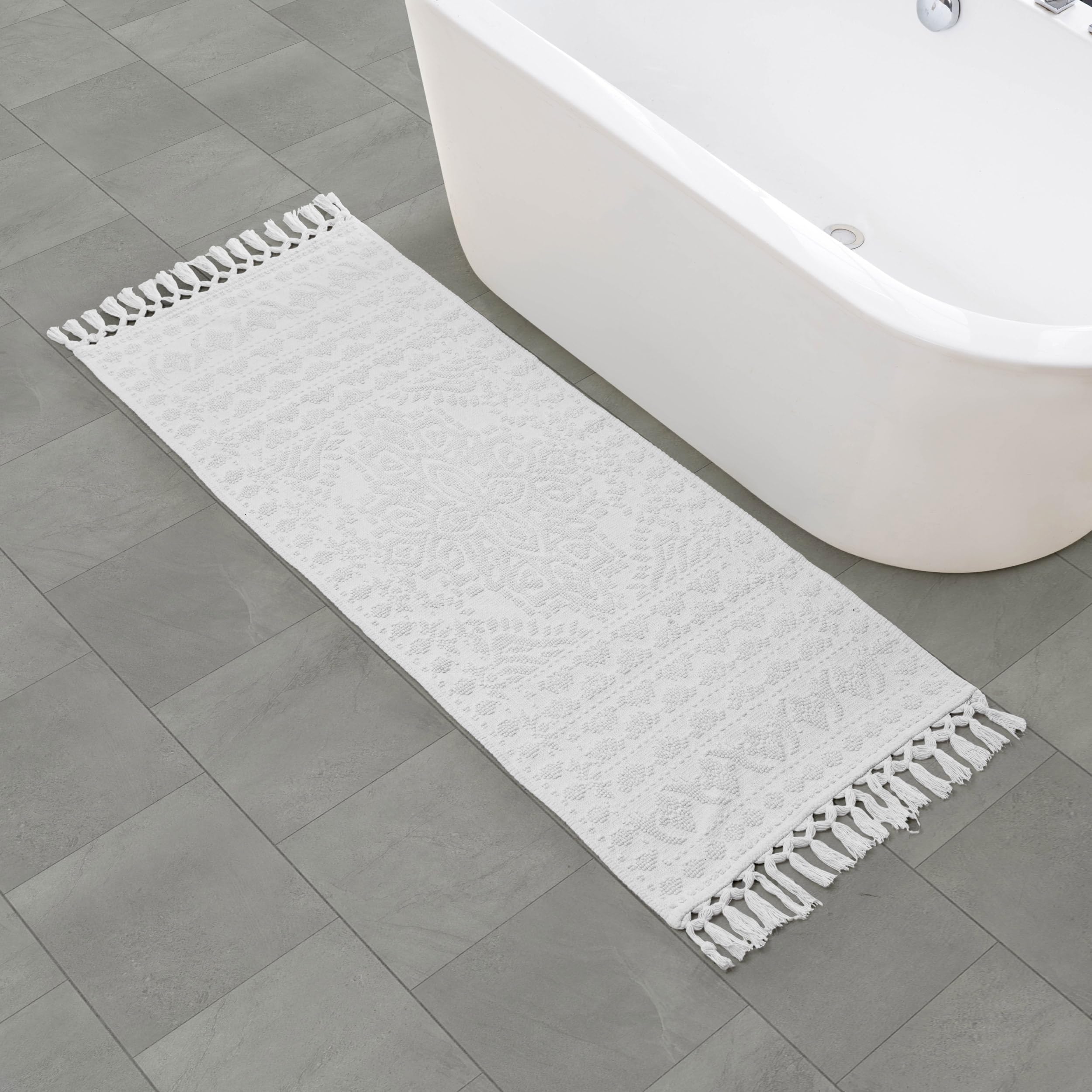 French Connection Nellore Bathroom Rugs, Woven and Beaded, Durable Bath Rugs, Thick Bath Mats for Bathroom and Shower Rugs, 24" x 64", White