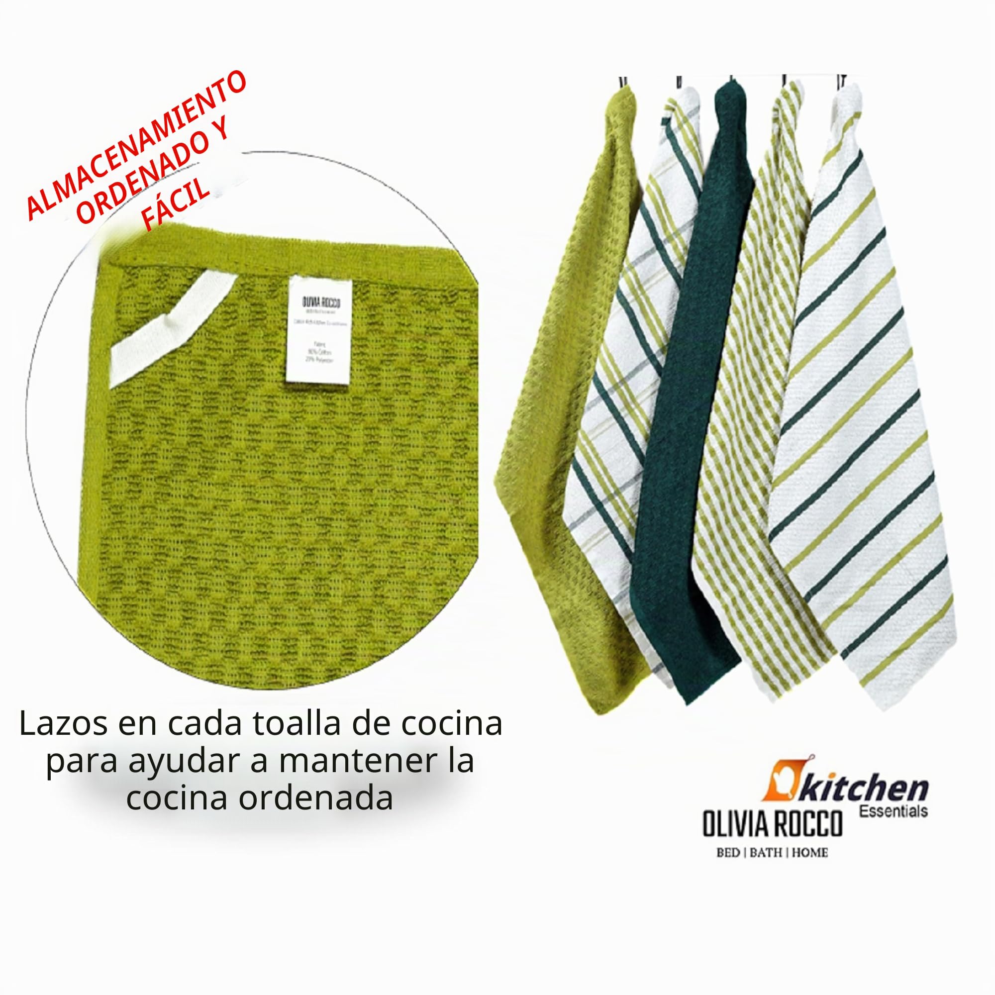 Olivia Rocco - Pack de 5 paños de cocina de rizo de algodón, súper absorbentes, de secado rápido y suaves, color verde salvia