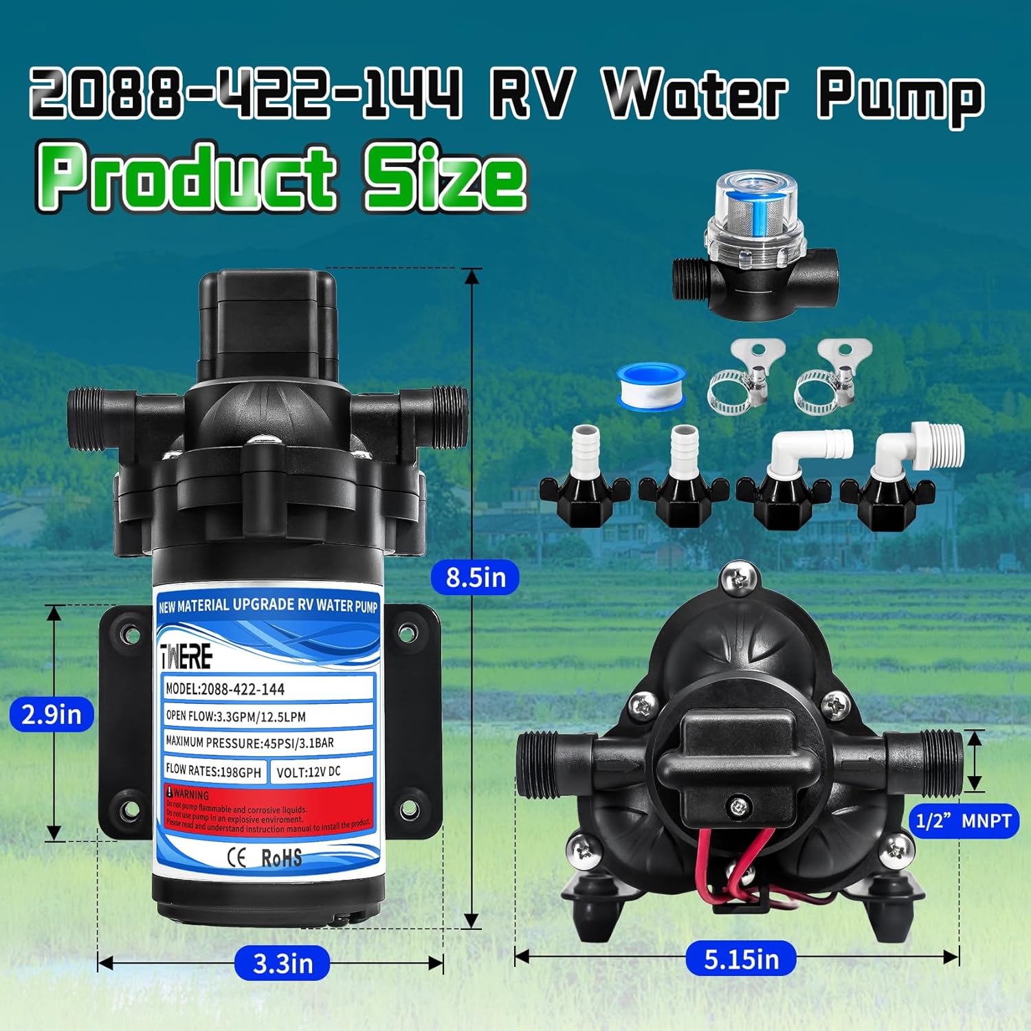 2088-422-144 Diaphragm Pump,12 V 45 PSI RV Water Pump,3.3 Gallons Per Minute Fresh Water Pump with 1/2MNPT Connection for RV Marine Yacht