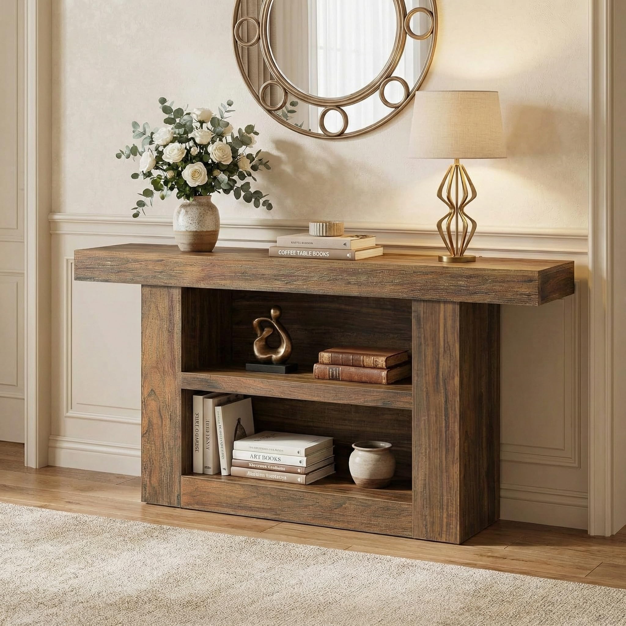 Lailang 160cm Mesa de Entrada, Mueble Pasillo Estrecho, Recibidor Entrada con Estante, Consola Recibidor Madera, Muebles Auxiliares de Salon, Recibidores Modernos, 160 x 8 x 20 cm, Brown