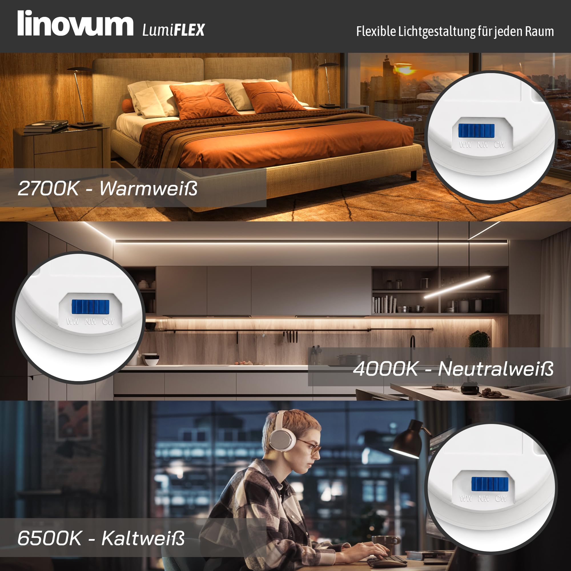 linovum 10x WEEVO LED Einbauspot IP44 230V - LumiFLEX 6W 3 Lichtfarben dimmbar - flacher Deckenstrahler für Bad und geschützte Außenbereiche