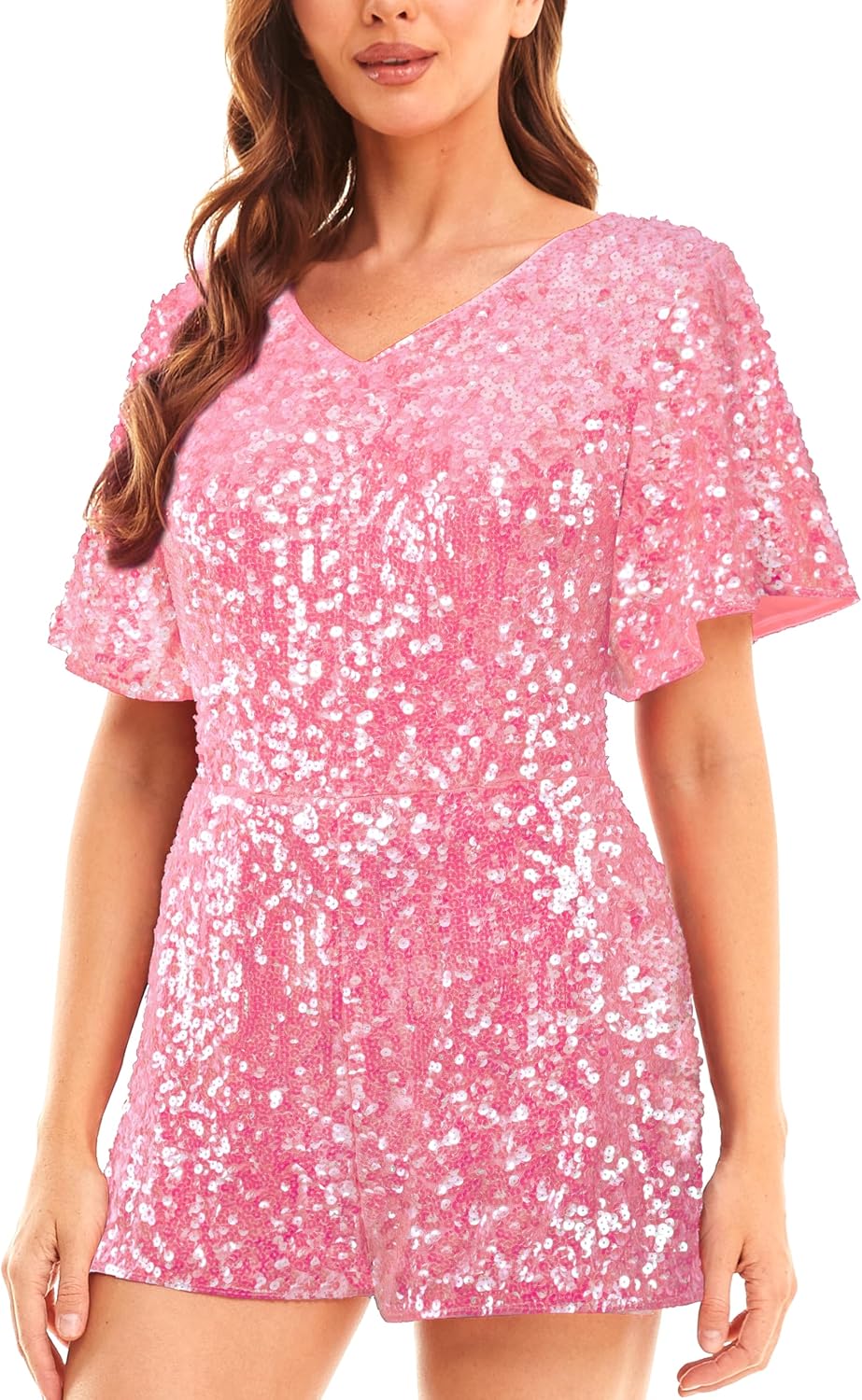 MANER Women’s Sequin Romper Sparkly Short Jumpsuit Party Concert Outfit With Flutter Sleeve