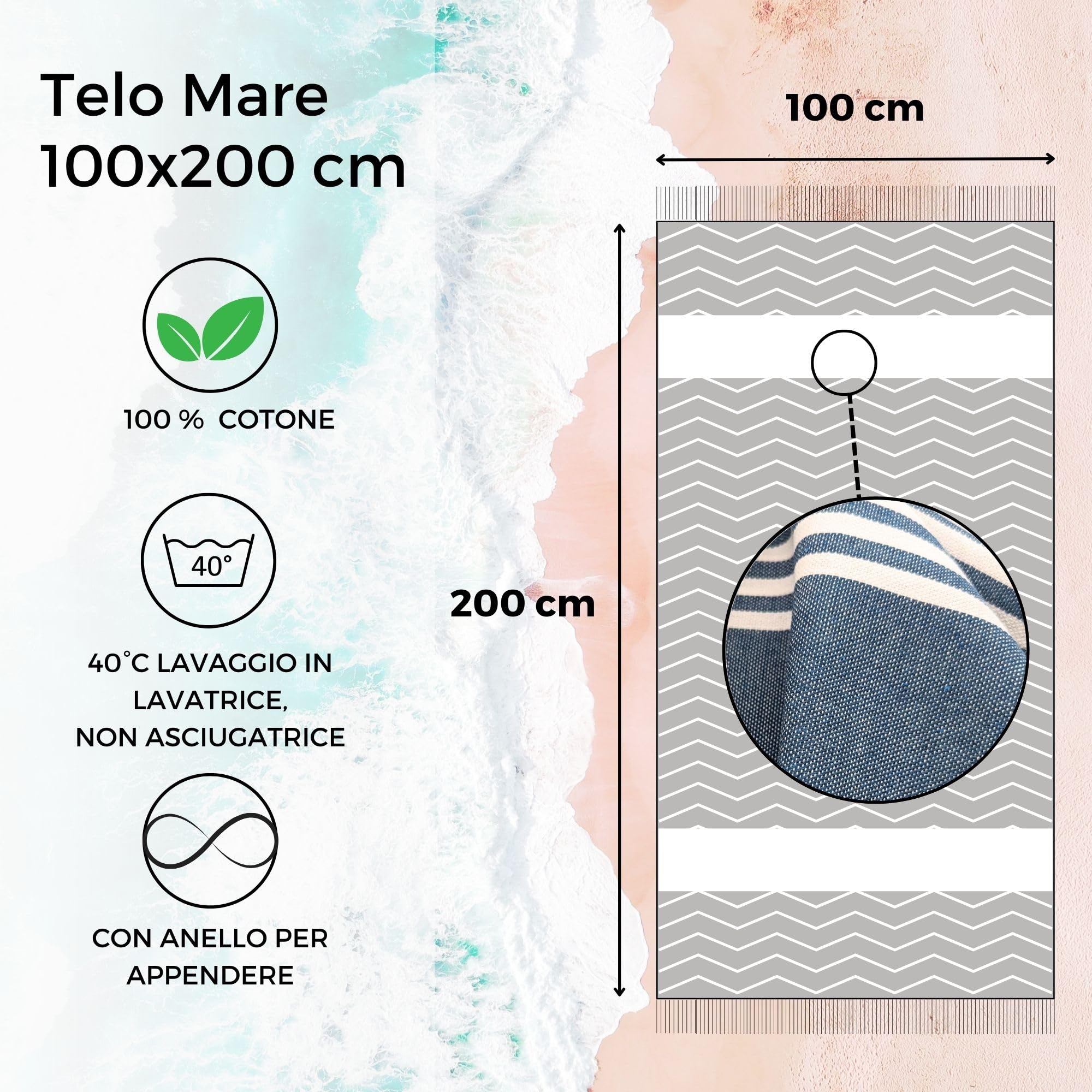 furora HOLIDAY Telo Mare Cotone - Grande 200x100 cm - Ultra Leggero - Asciugatura Rapida | Asciugamano Mare Donna e Uomo: Facile da Pulir - multifunzionale per Spiaggia, Piscina, Viaggio, Outdoor