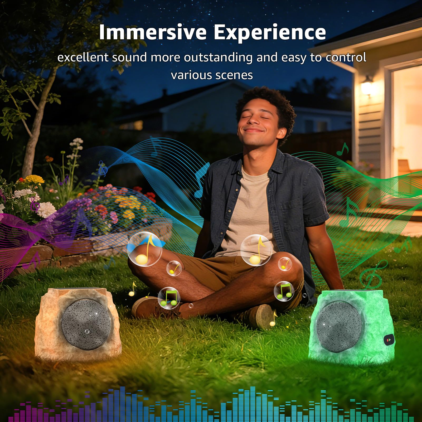 MIKK Outdoor Rock Speakers Waterproof Patio with Lights Color,Multi-Sync Up to 100 Speakers Pairing Solar Powered Rock Speaker Rechargeable for Pool Party Yard Garden Outside 2 Pack — view 7