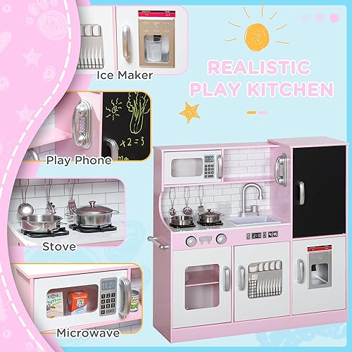 Miniatura 4 de Qaba Juego de cocina para niños, juego de cocina de juguete de simulación con teléfono de juego, pizarra, toallero, máquina de hielo, 5 accesorios,
