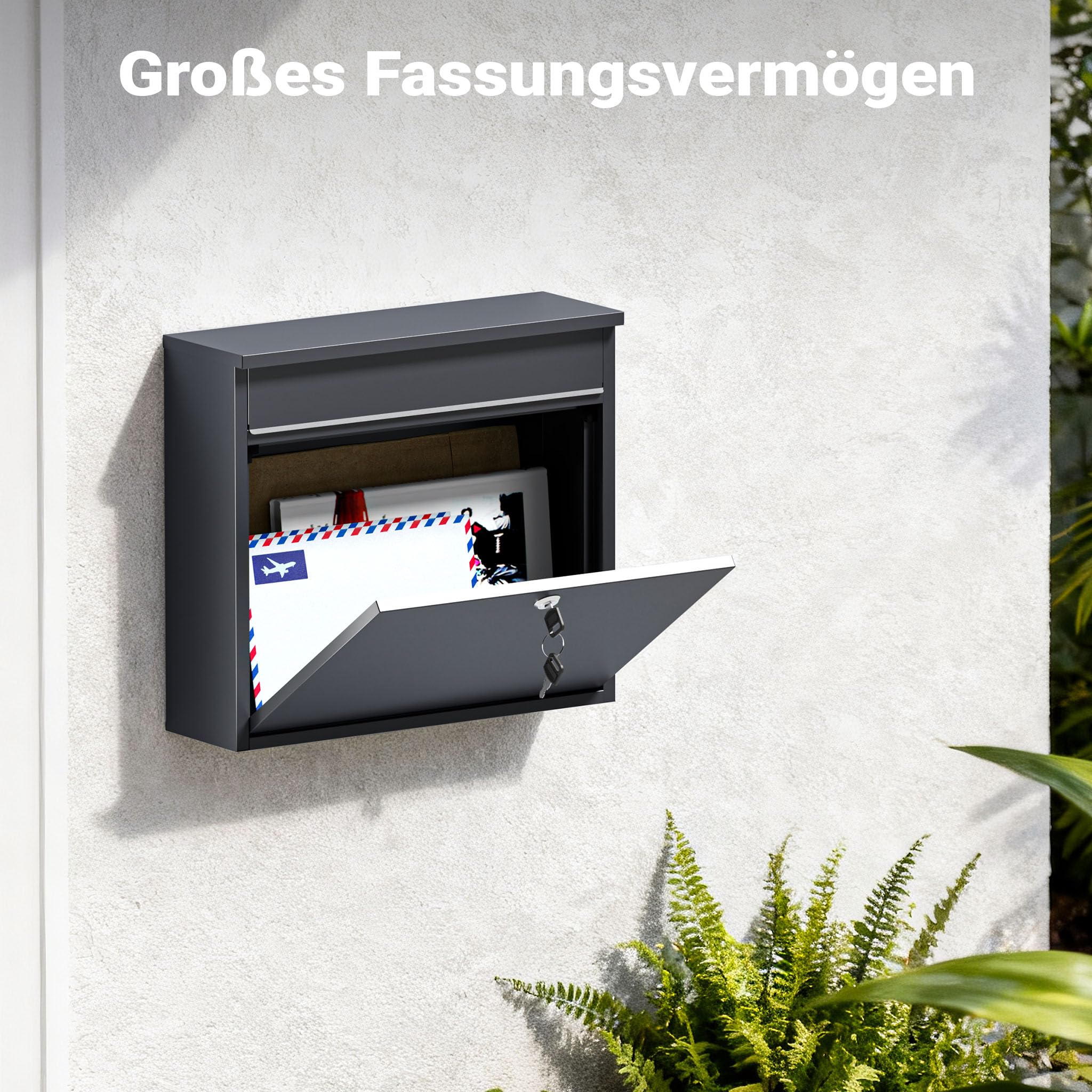 Wiltec Briefkasten V13 Anthrazit 360 x 105 x 315 mm, Wandbriefkasten mit Schloss und Klappe, Postkasten aus Stahl pulverbeschichtet
