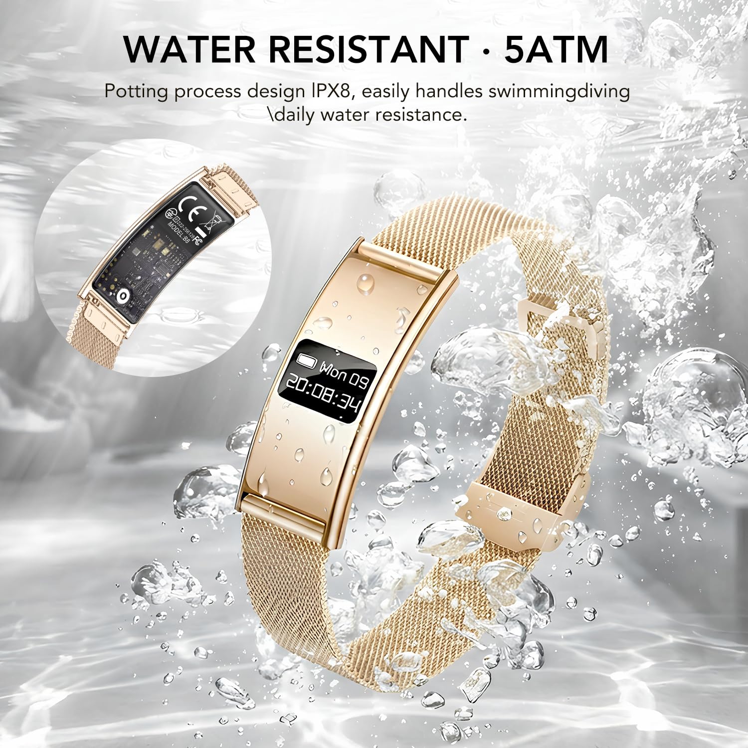 Bracelet Connectée Femme Fitness Tracker: Petite Montre Connectée Santé avec Rappel d'appel Fonction Féminine HRV Moniteur Sommeil Fréquence Cardiaque 5ATM Etanche Montre Sport pour Android iOS (Or)