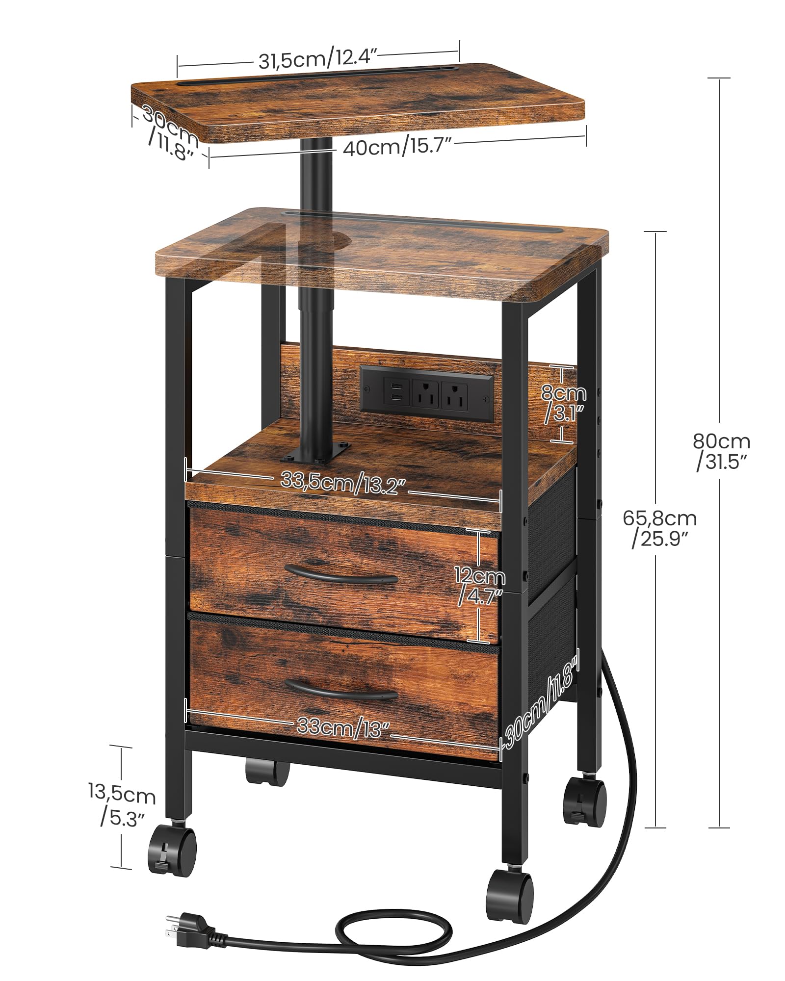 Mesa auxiliar de altura ajustable con mesa giratoria, mesa auxiliar con estación de carga, mesita de noche con cajones y ruedas de tela, mesita de noche para sala de estar, dormitorio, marrón rústico