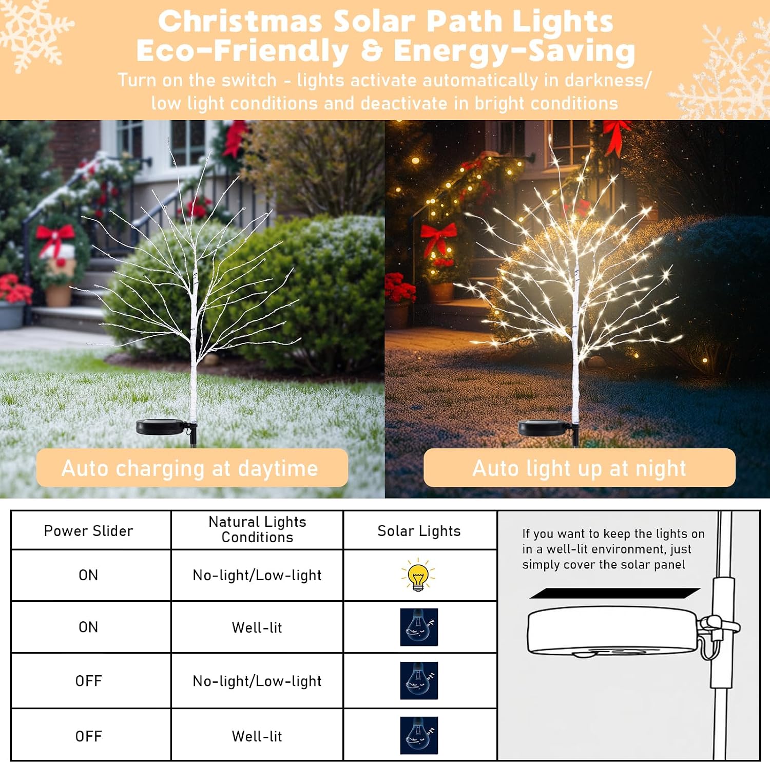 Solar Outdoor Christmas Decorations, 35INCH Fairy Light Brich Tree, Solar Christmas Decor for Outside, Yard, Garden, Pathway, Wterproof LED Warm White Lights, 8 Modes, Auto On/Off, 4PCS
